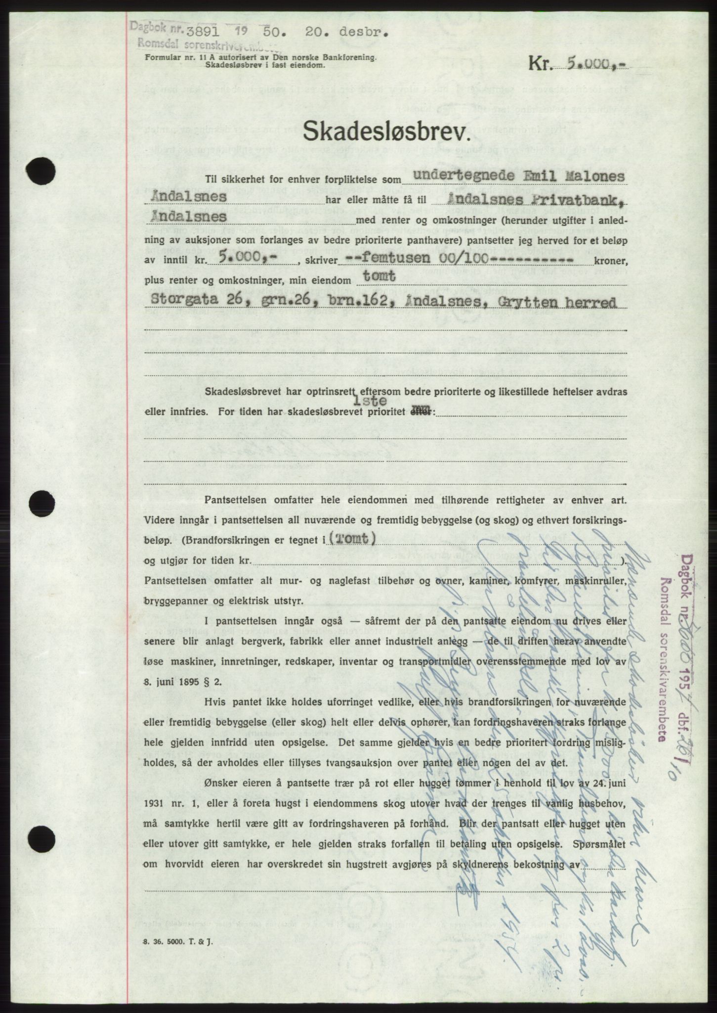 Romsdal sorenskriveri, AV/SAT-A-4149/1/2/2C: Mortgage book no. B5, 1949-1950, Diary no: : 3891/1950