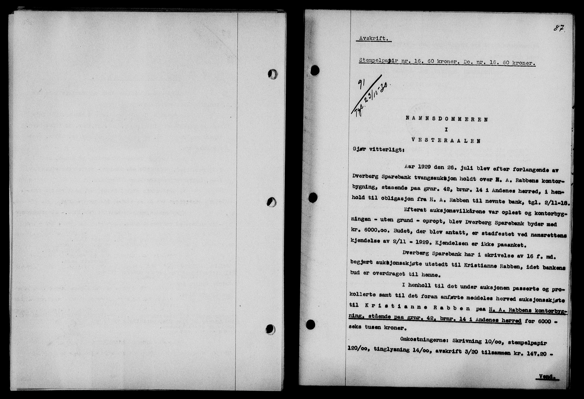 Vesterålen sorenskriveri, AV/SAT-A-4180/1/2/2Ca/L0052: Mortgage book no. 45, 1930-1931, Deed date: 23.10.1930