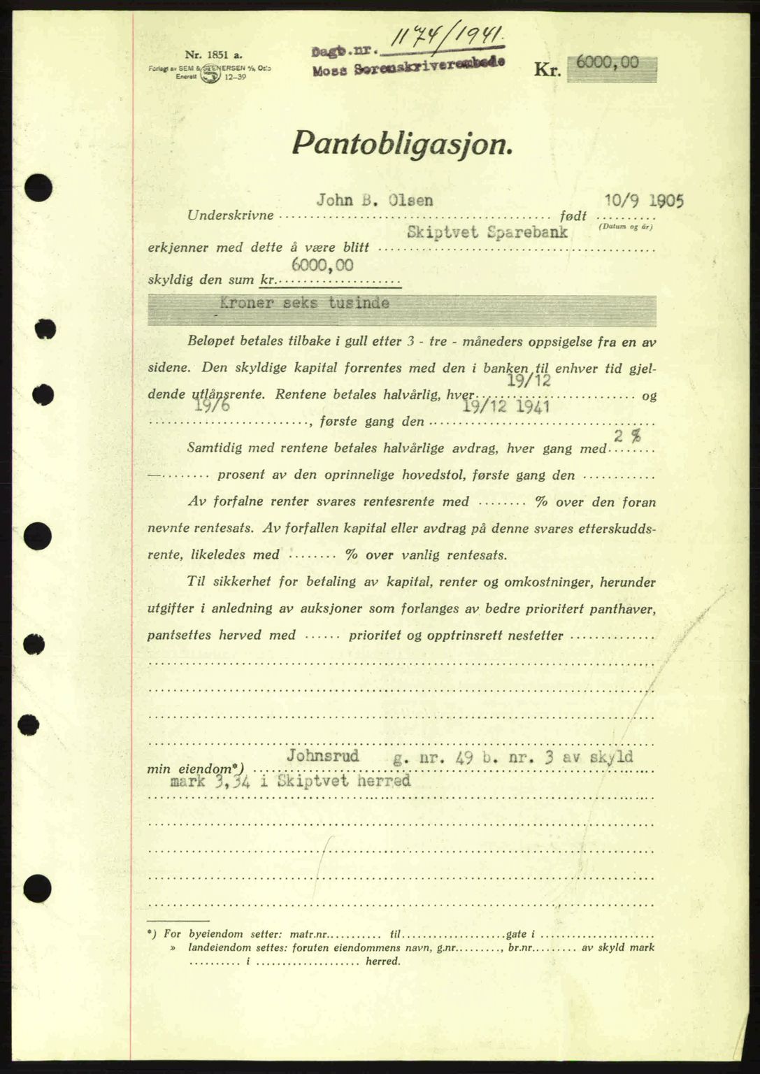 Moss sorenskriveri, SAO/A-10168: Mortgage book no. B10, 1940-1941, Diary no: : 1174/1941