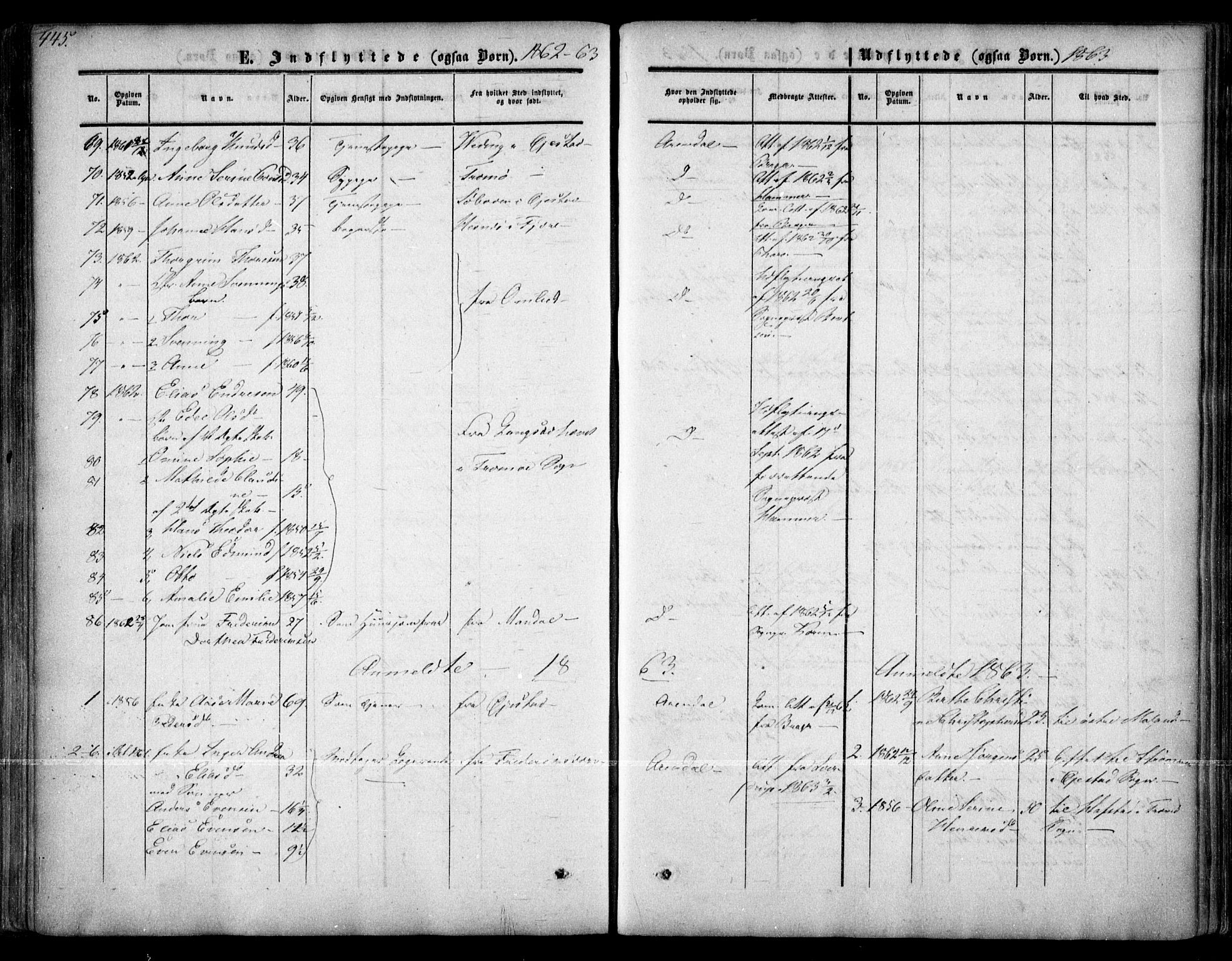 Arendal sokneprestkontor, Trefoldighet, SAK/1111-0040/F/Fa/L0006: Parish register (official) no. A 6, 1855-1868, p. 445