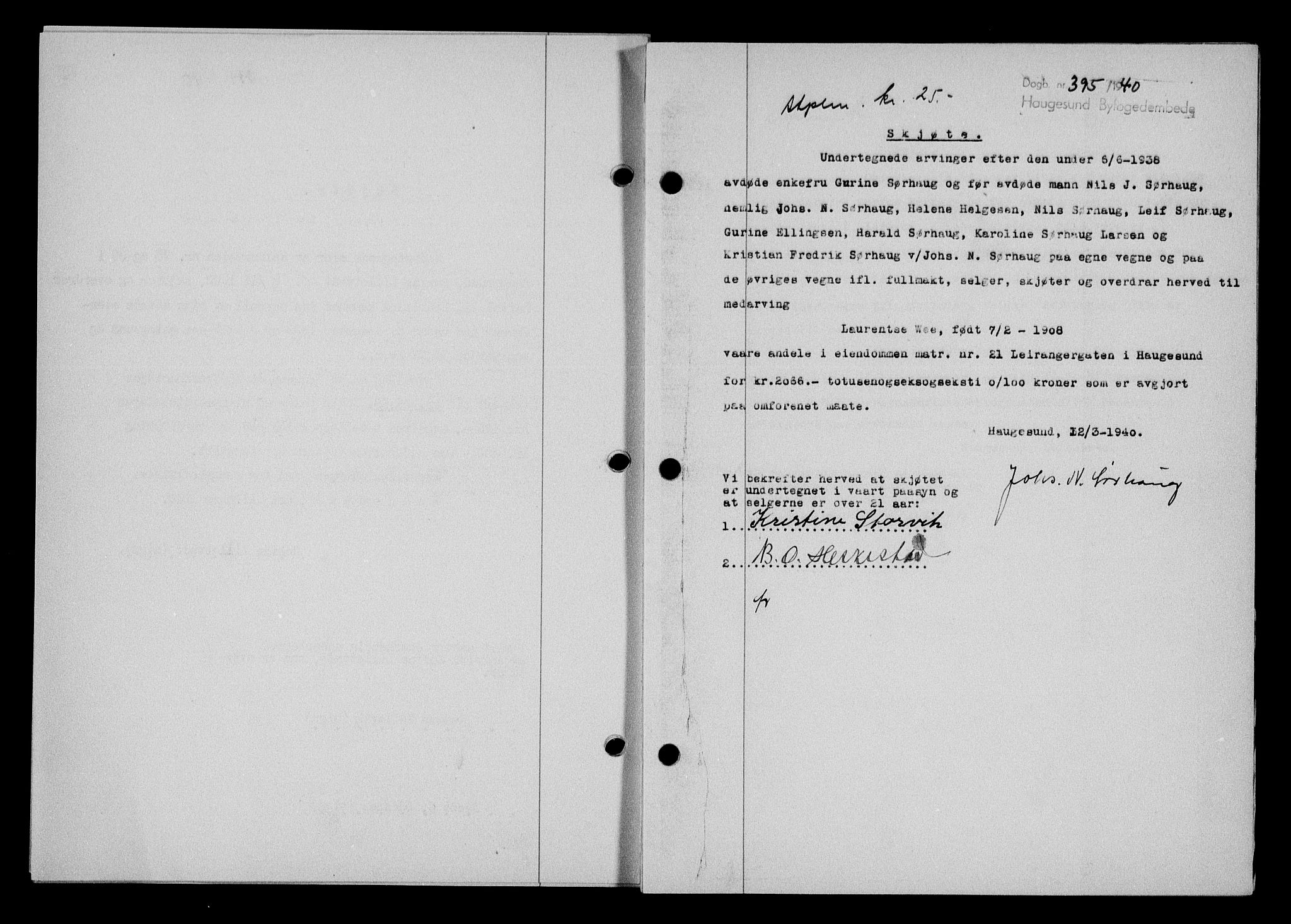 Haugesund tingrett, AV/SAST-A-101415/01/II/IIC/L0061: Mortgage book no. A 2, 1939-1942, Diary no: : 395/1940