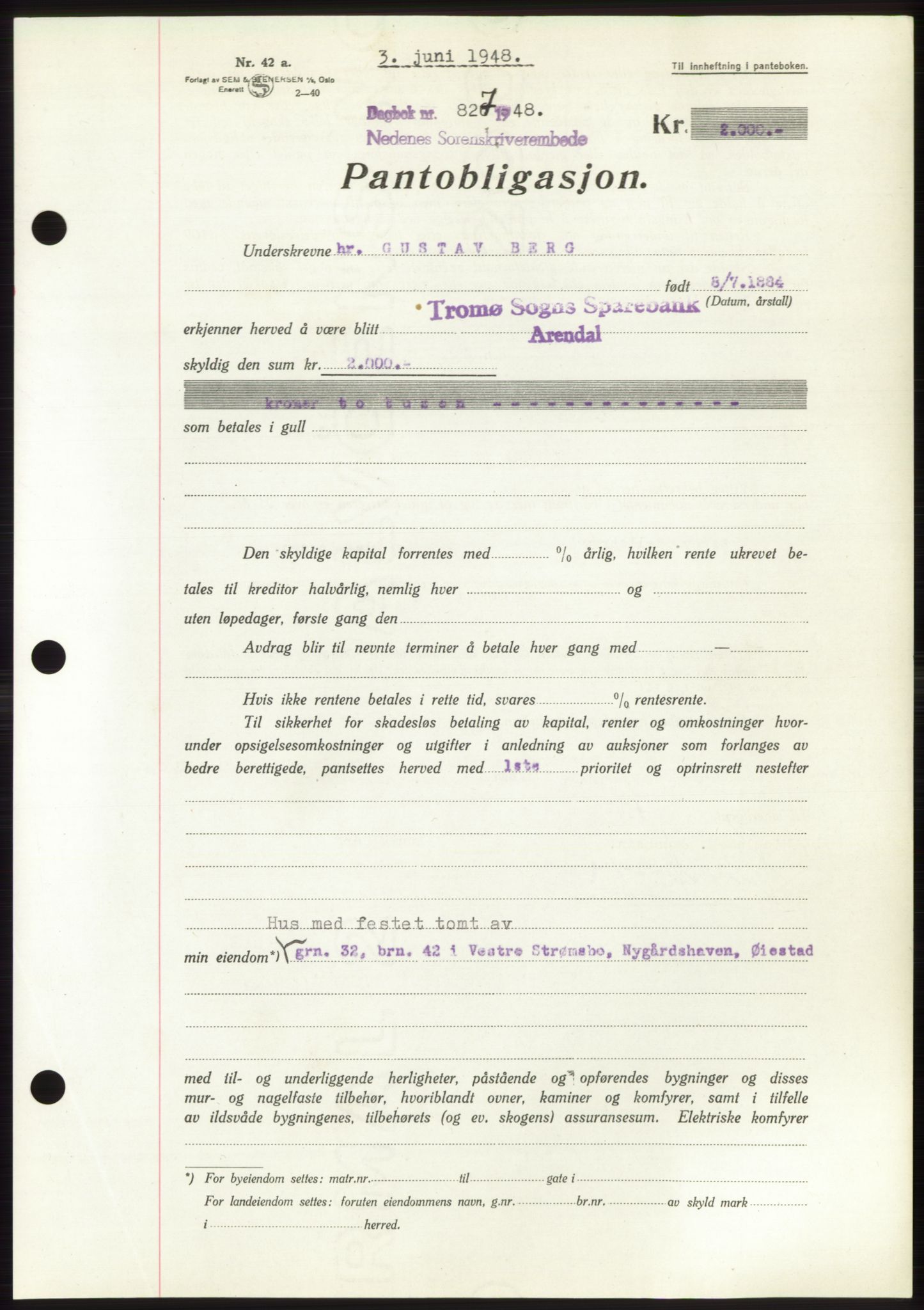 Nedenes sorenskriveri, AV/SAK-1221-0006/G/Gb/Gbb/L0005: Mortgage book no. B5, 1948-1948, Diary no: : 827/1948