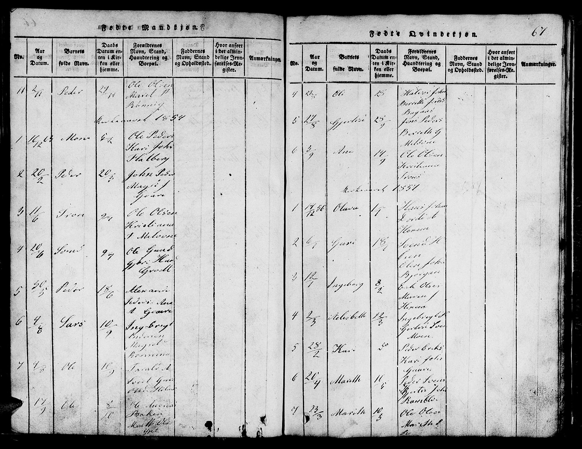 Ministerialprotokoller, klokkerbøker og fødselsregistre - Sør-Trøndelag, AV/SAT-A-1456/685/L0976: Parish register (copy) no. 685C01, 1817-1878, p. 67