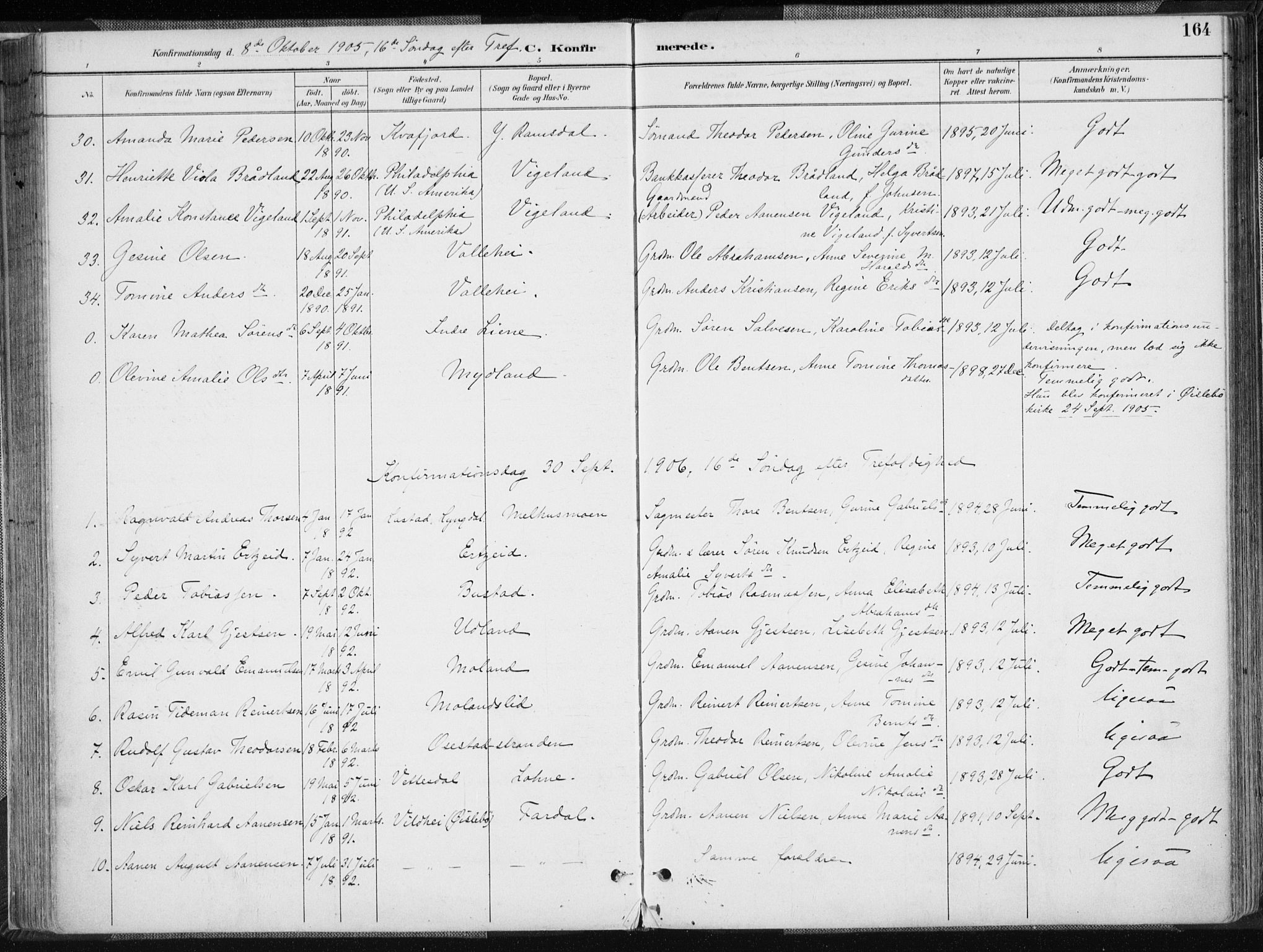 Sør-Audnedal sokneprestkontor, AV/SAK-1111-0039/F/Fa/Fab/L0010: Parish register (official) no. A 10, 1892-1913, p. 164