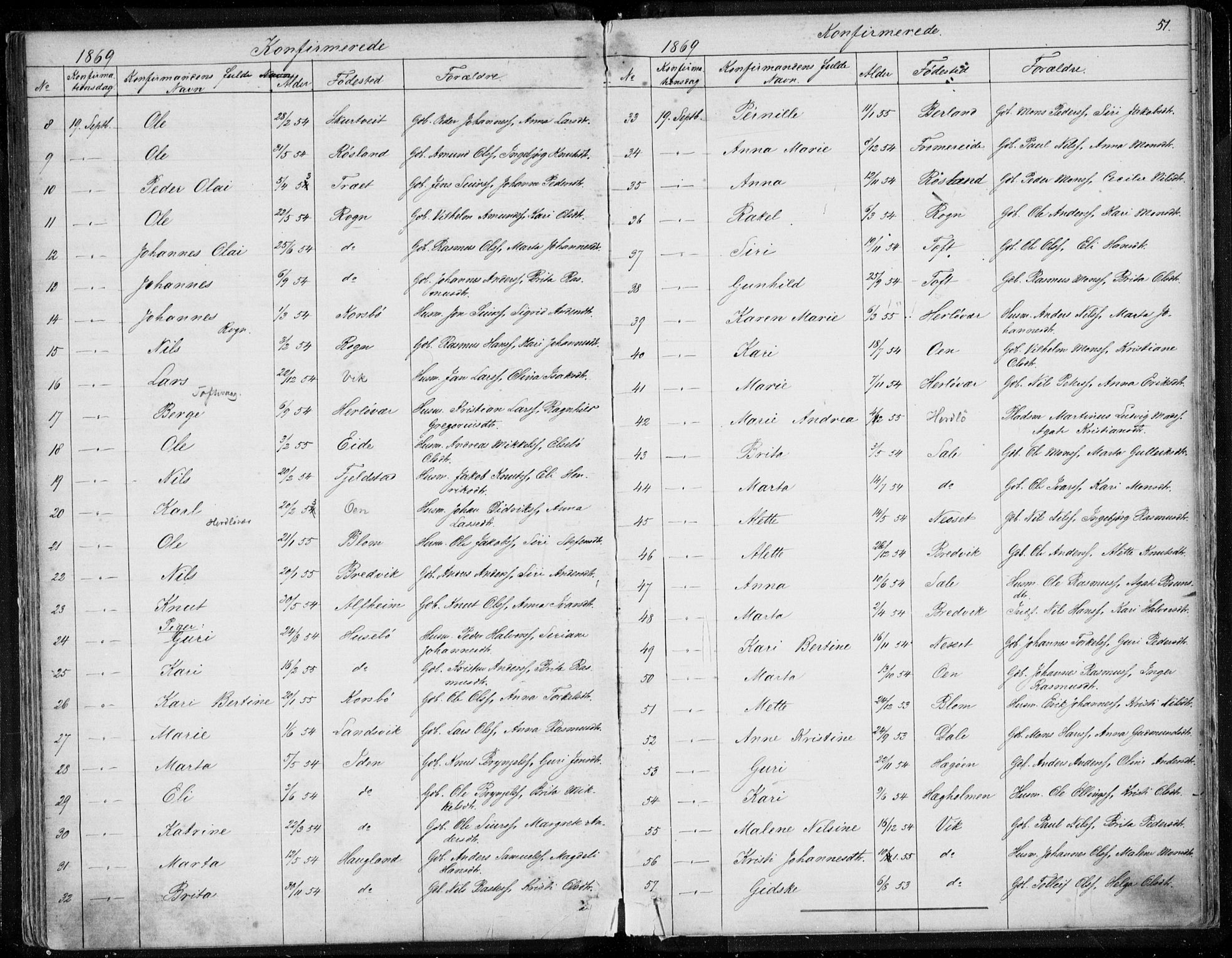 Herdla Sokneprestembete, SAB/A-75701/H/Haa: Parish register (official) no. A 1, 1855-1869, p. 51
