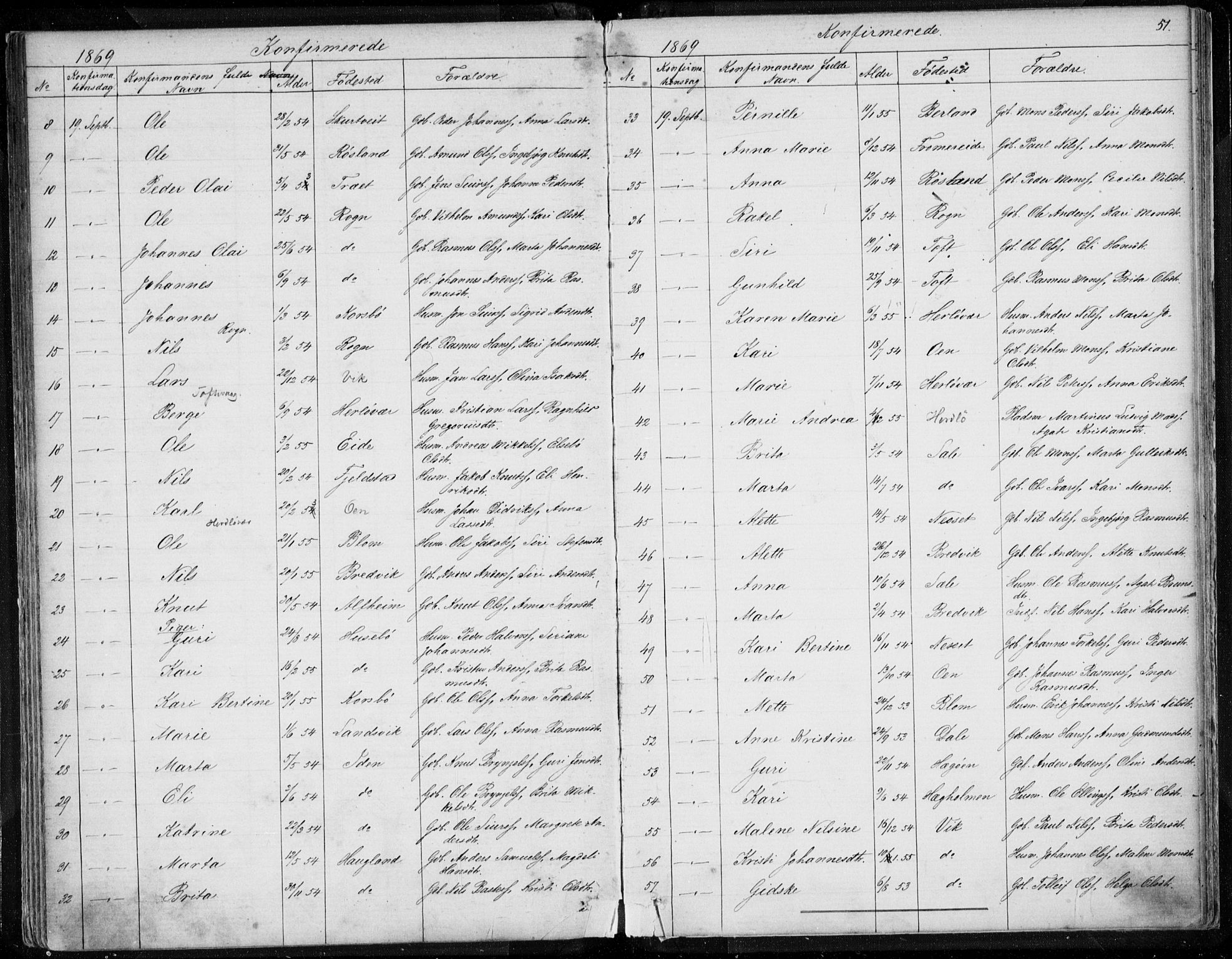 Herdla Sokneprestembete, AV/SAB-A-75701/H/Haa: Parish register (official) no. A 1, 1855-1869, p. 51