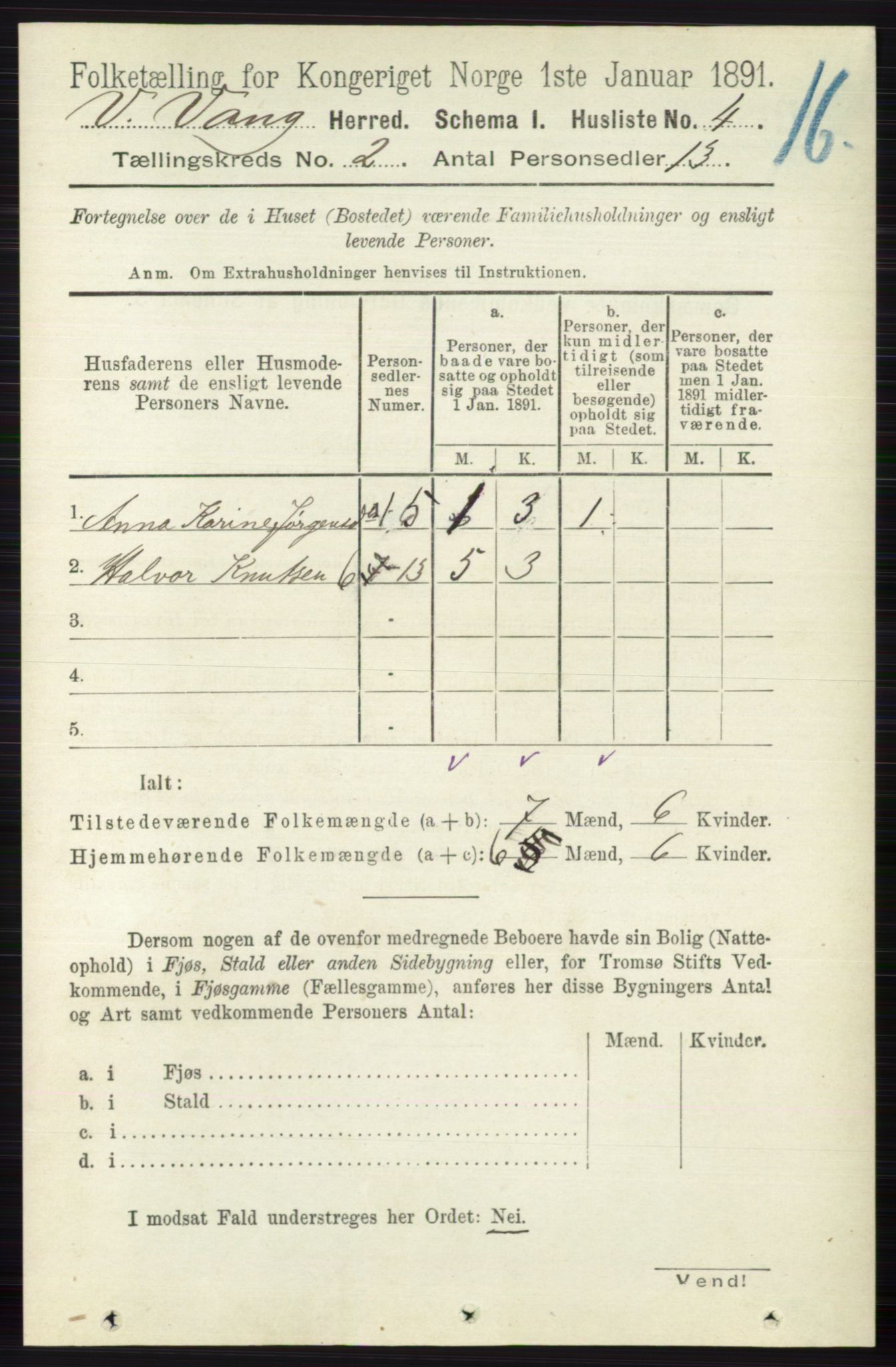 RA, 1891 census for 0545 Vang, 1891, p. 351