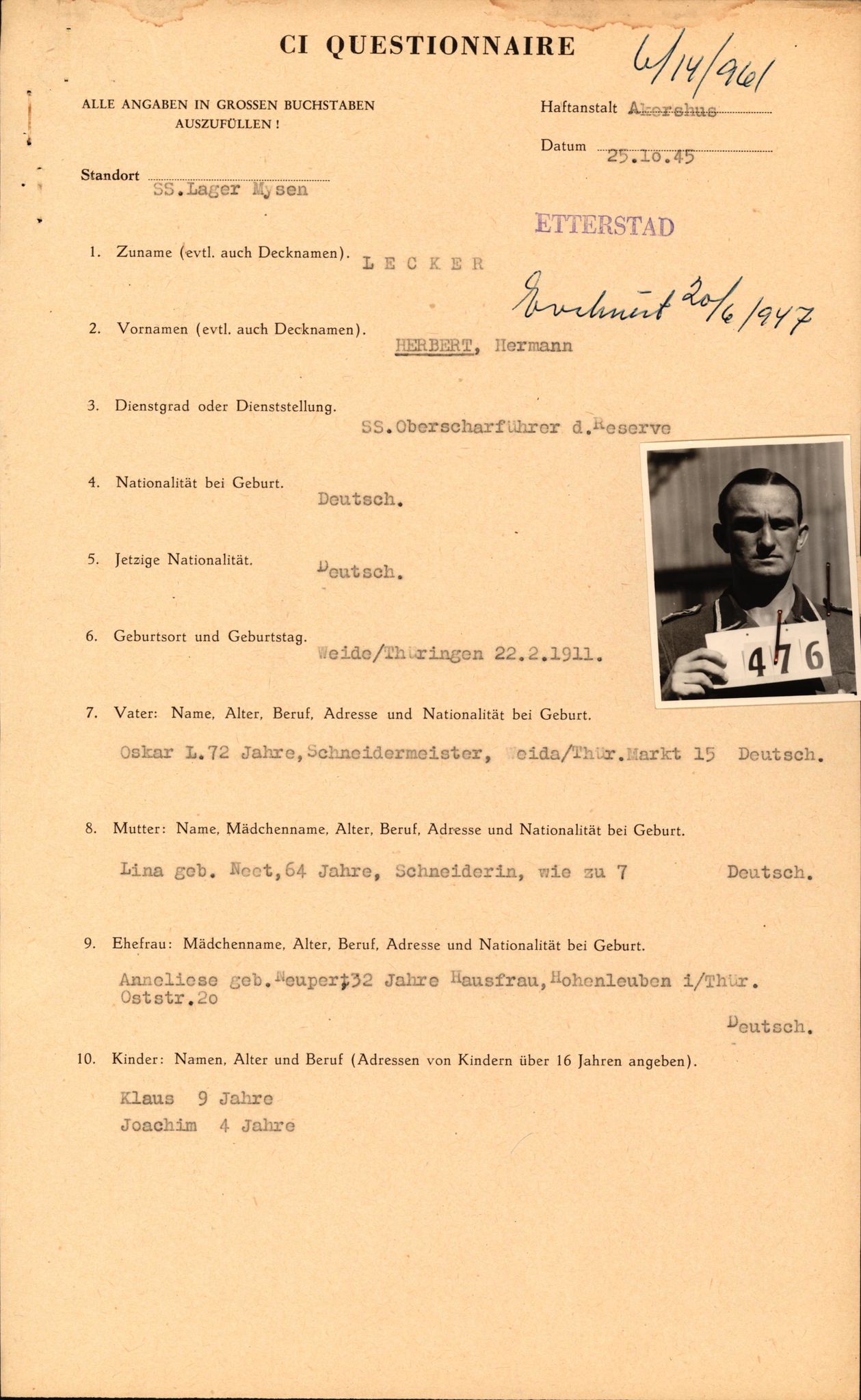 Forsvaret, Forsvarets overkommando II, AV/RA-RAFA-3915/D/Db/L0019: CI Questionaires. Tyske okkupasjonsstyrker i Norge. Tyskere., 1945-1946, p. 543