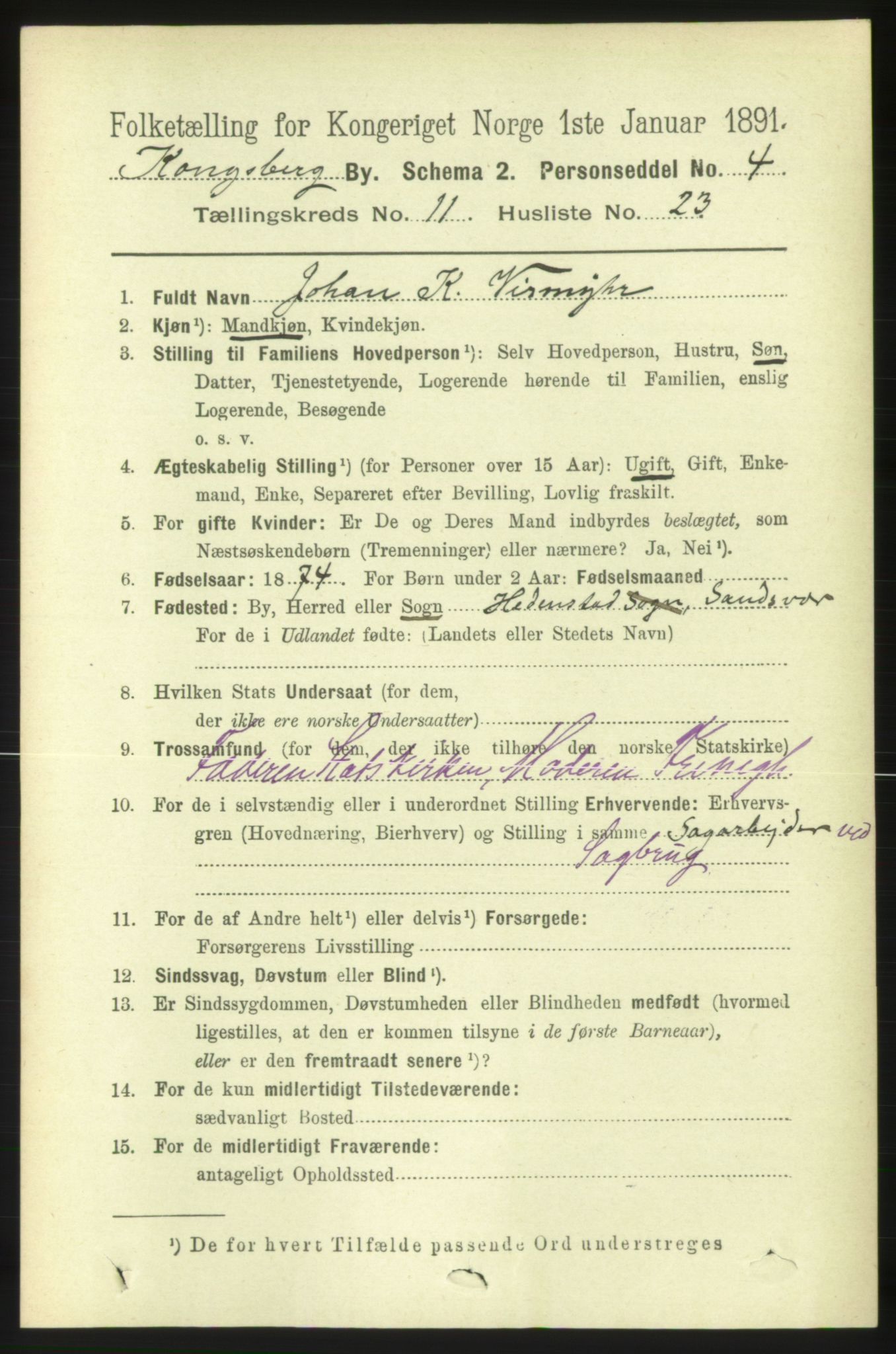 RA, 1891 census for 0604 Kongsberg, 1891, p. 6931