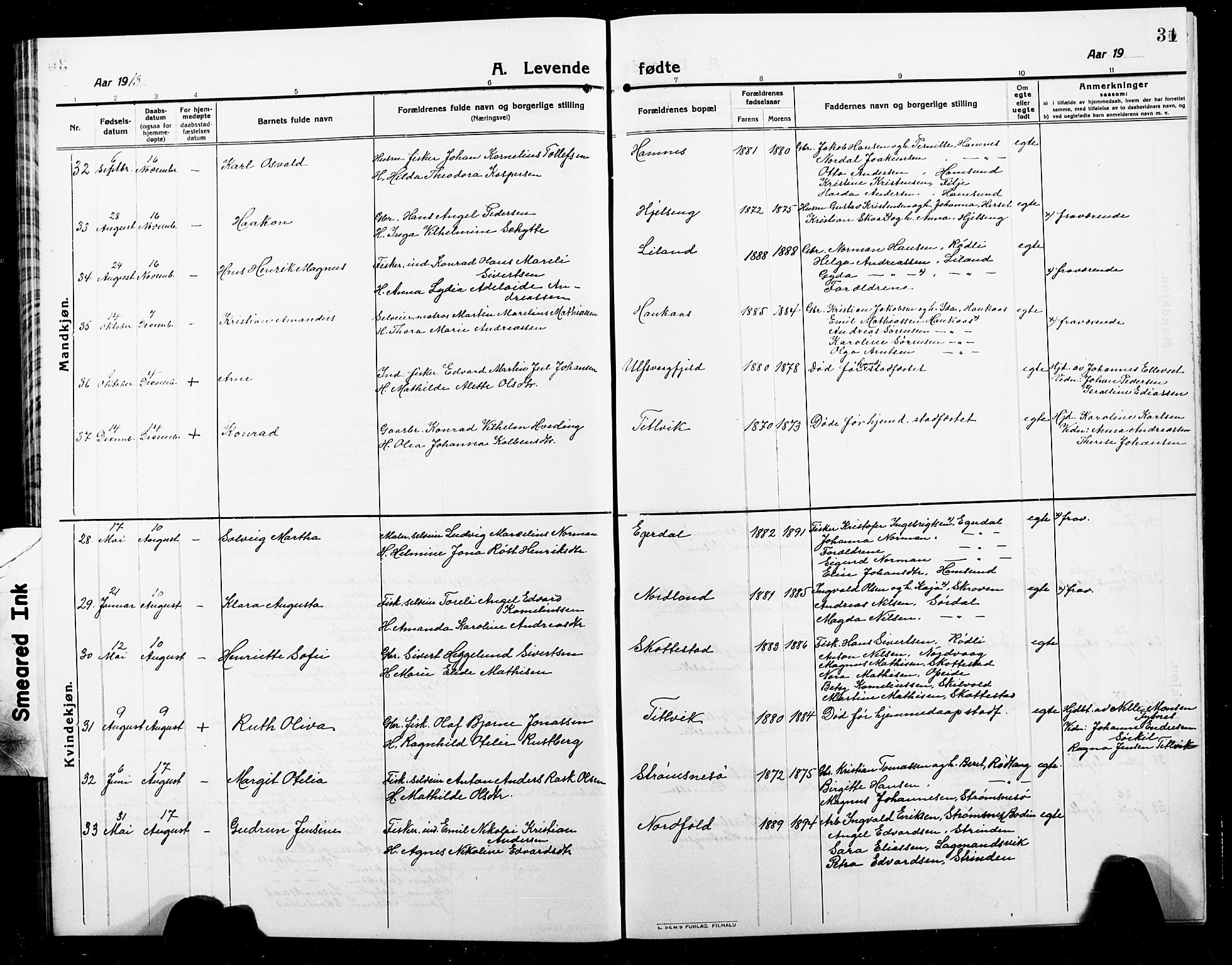 Ministerialprotokoller, klokkerbøker og fødselsregistre - Nordland, AV/SAT-A-1459/859/L0861: Parish register (copy) no. 859C07, 1910-1925, p. 31