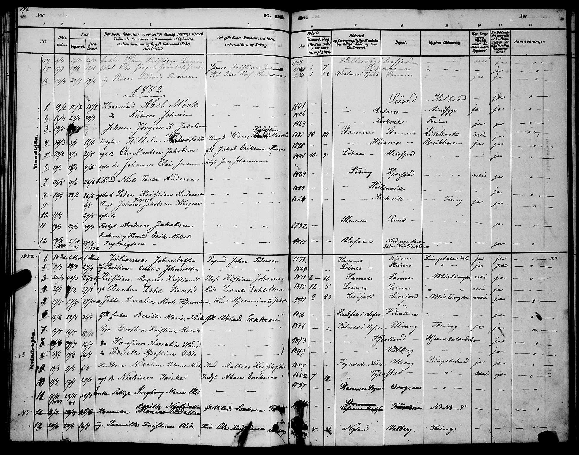 Ministerialprotokoller, klokkerbøker og fødselsregistre - Nordland, AV/SAT-A-1459/831/L0477: Parish register (copy) no. 831C04, 1878-1897, p. 176