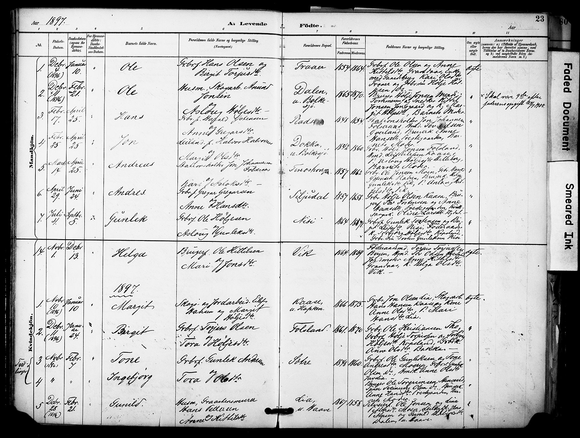 Gransherad kirkebøker, AV/SAKO-A-267/F/Fa/L0005: Parish register (official) no. I 5, 1887-1916, p. 23