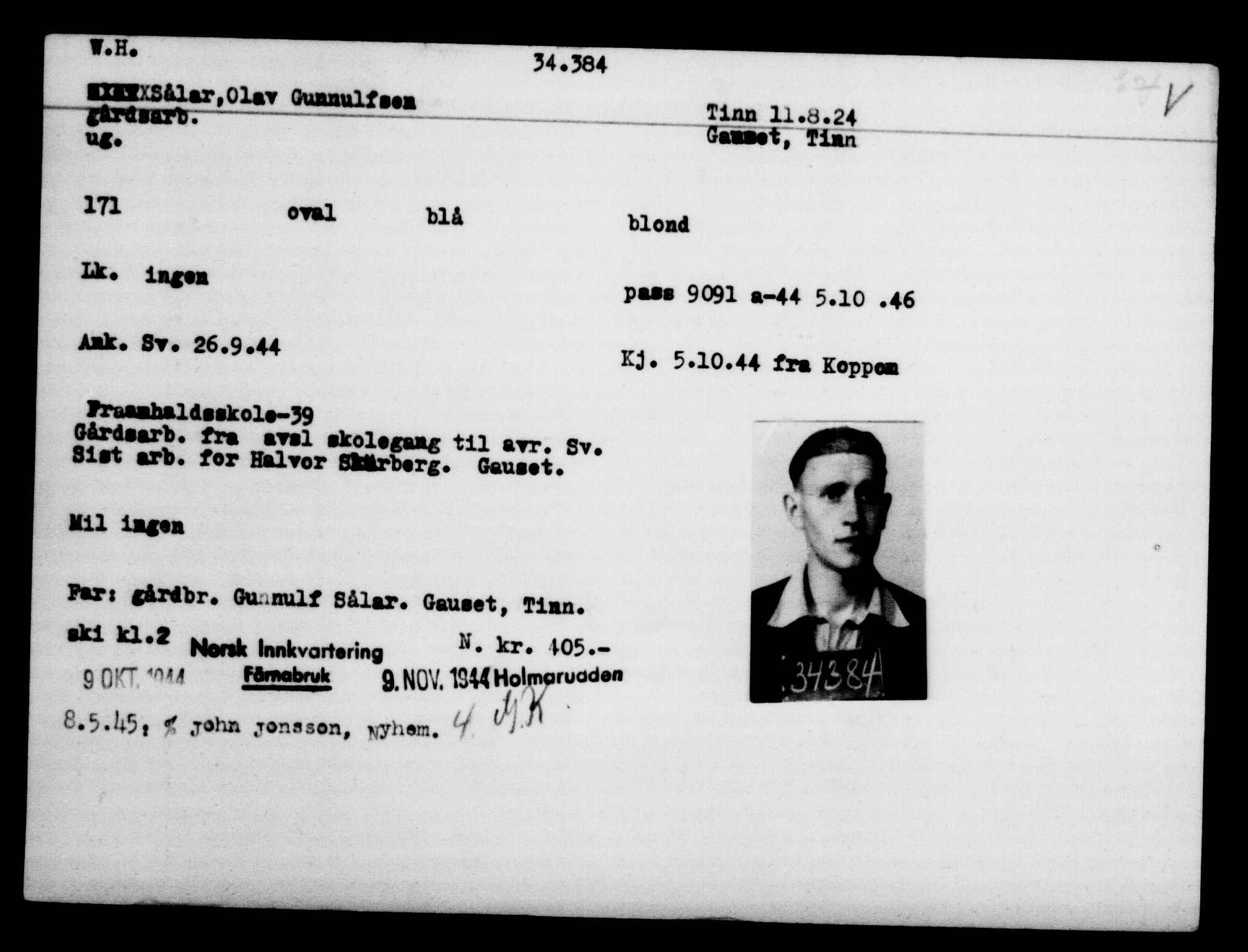 Utenriksstasjonene, Legasjonen i Stockholm, Flyktningkontoret, AV/RA-S-6753/V/Va/L0013: Kjesäterkartoteket, flyktninger med registreringsnr. 31500-34731, 1940-1945, p. 3037