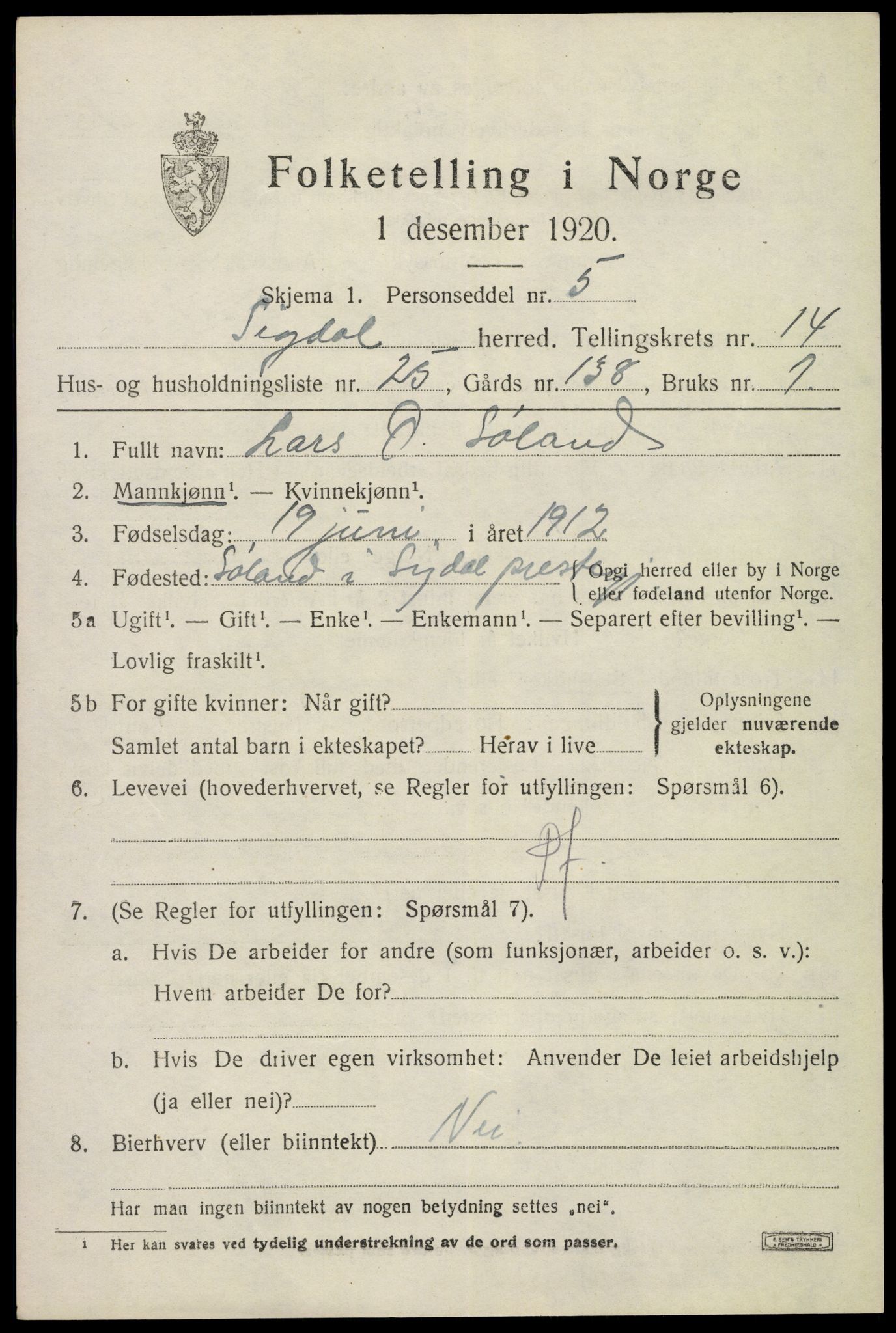 SAKO, 1920 census for Sigdal, 1920, p. 8880