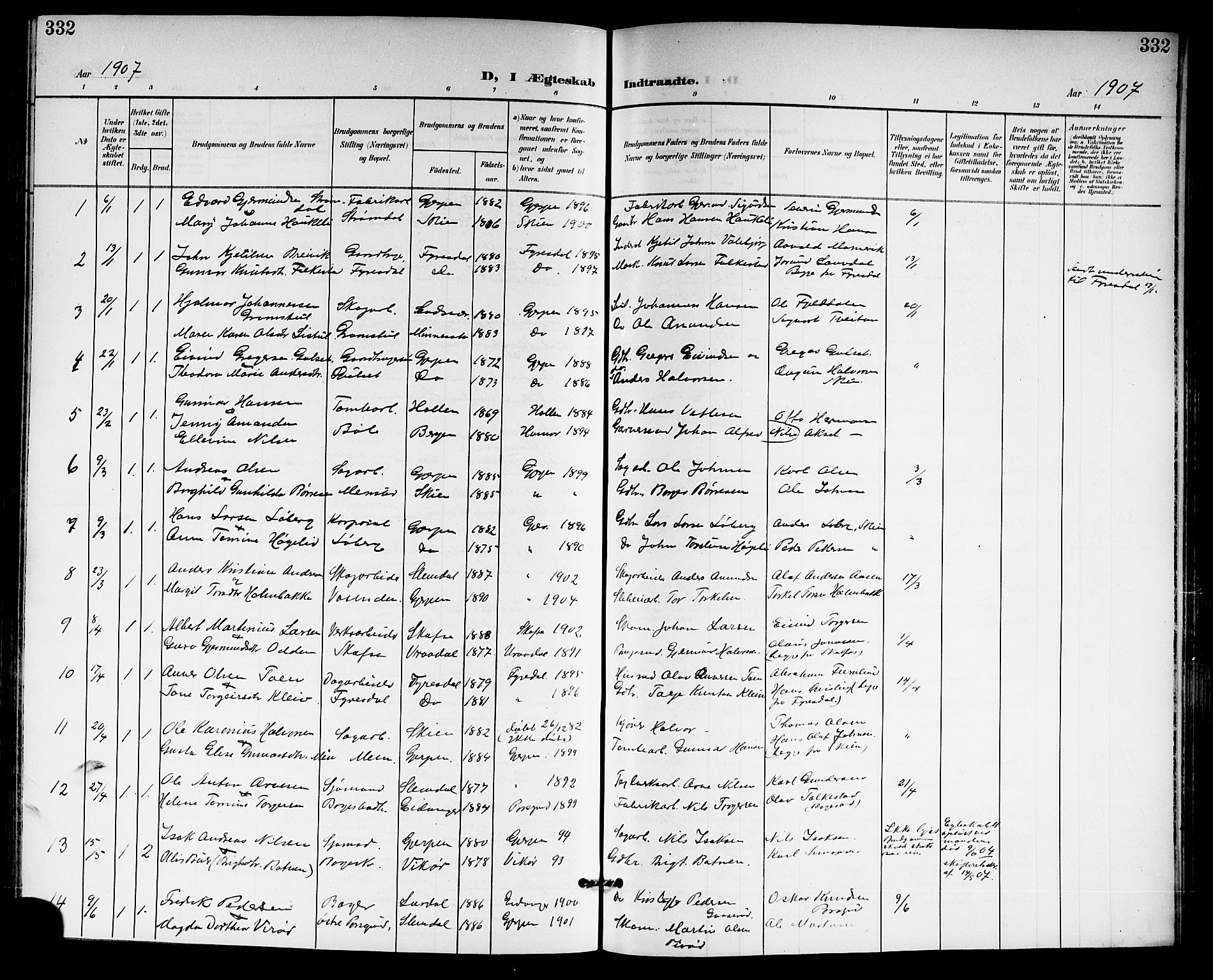 Gjerpen kirkebøker, SAKO/A-265/G/Ga/L0003: Parish register (copy) no. I 3, 1901-1919, p. 332