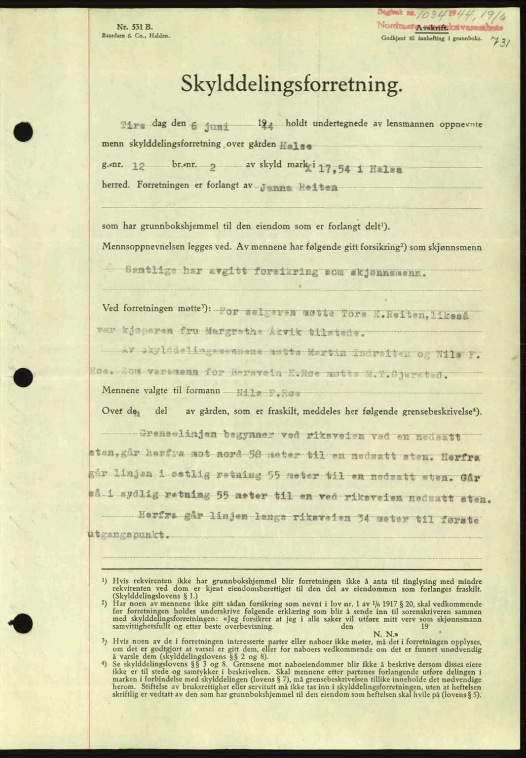 Nordmøre sorenskriveri, AV/SAT-A-4132/1/2/2Ca: Mortgage book no. A97, 1944-1944, Diary no: : 1034/1944