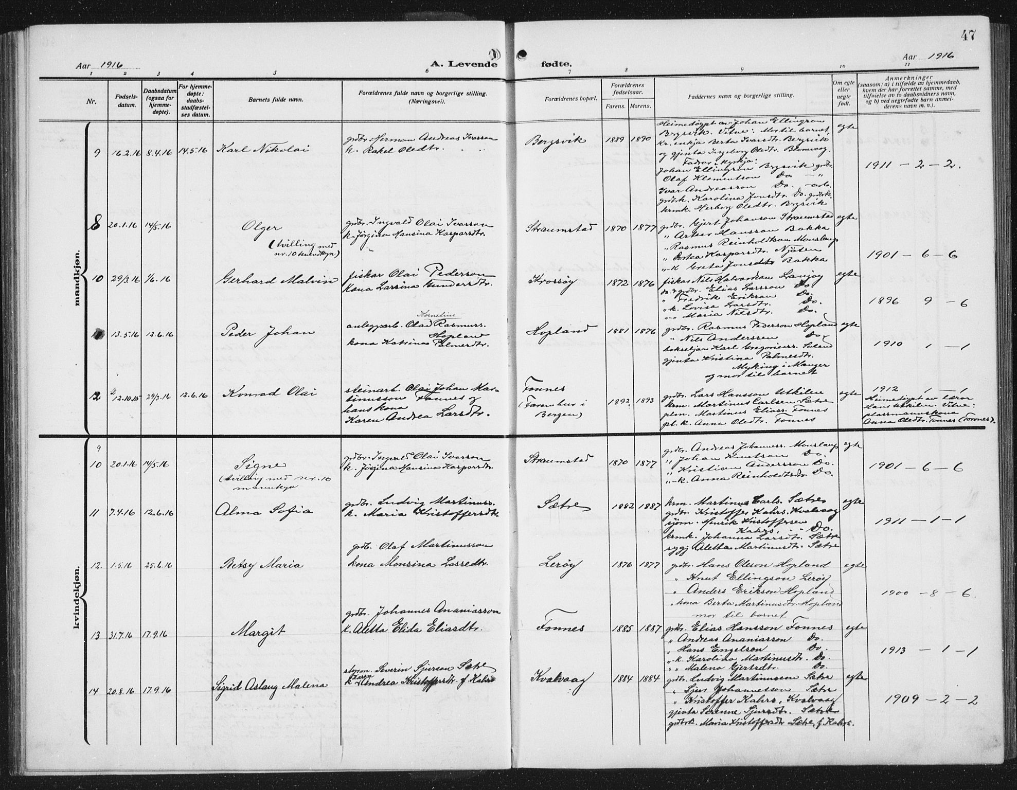 Lindås Sokneprestembete, AV/SAB-A-76701/H/Hab/Habc/L0005: Parish register (copy) no. C 5, 1910-1927, p. 47