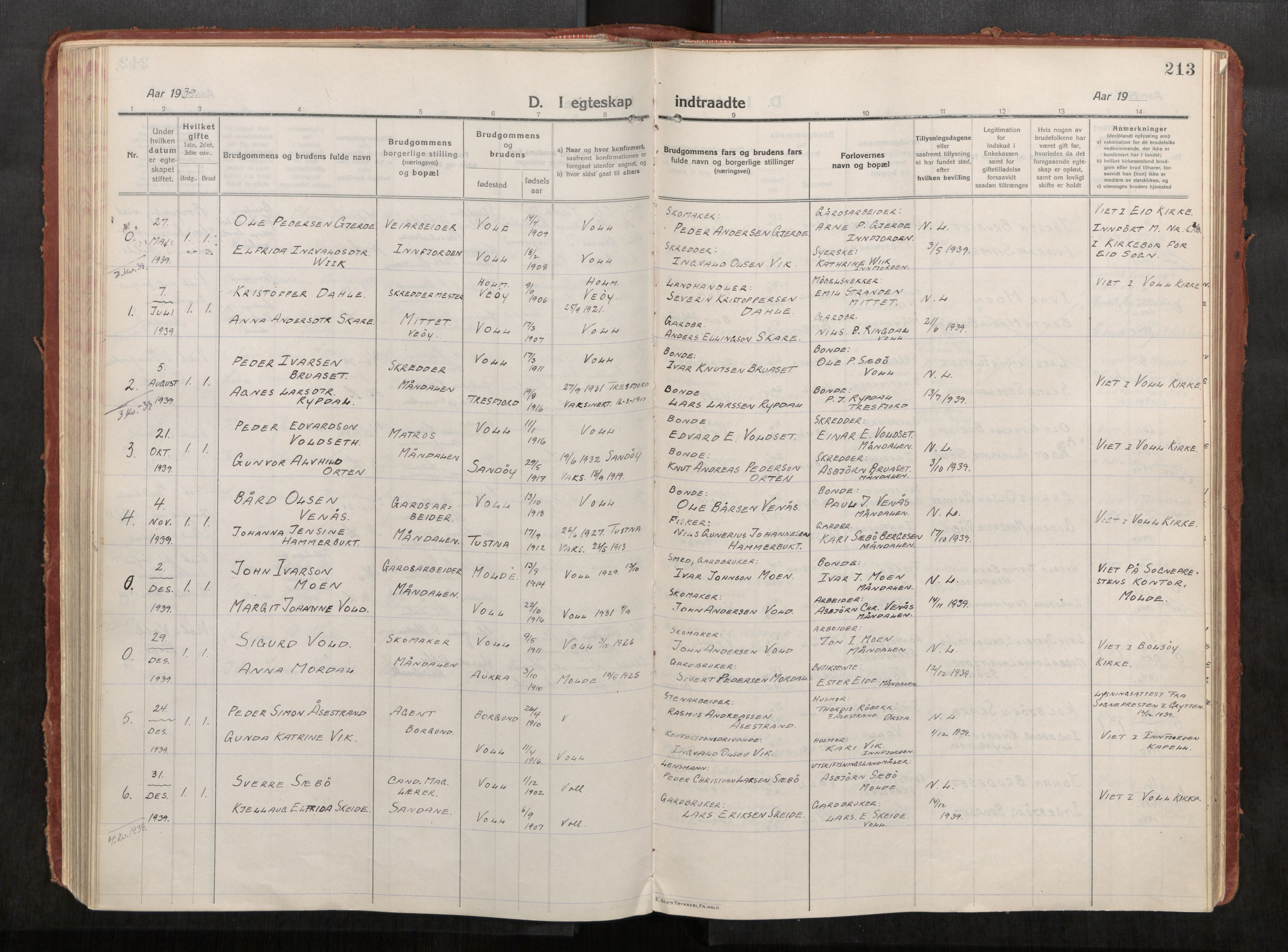 Eid sokneprestkontor, AV/SAT-A-1254: Parish register (official) no. 543A04, 1916-1956, p. 213