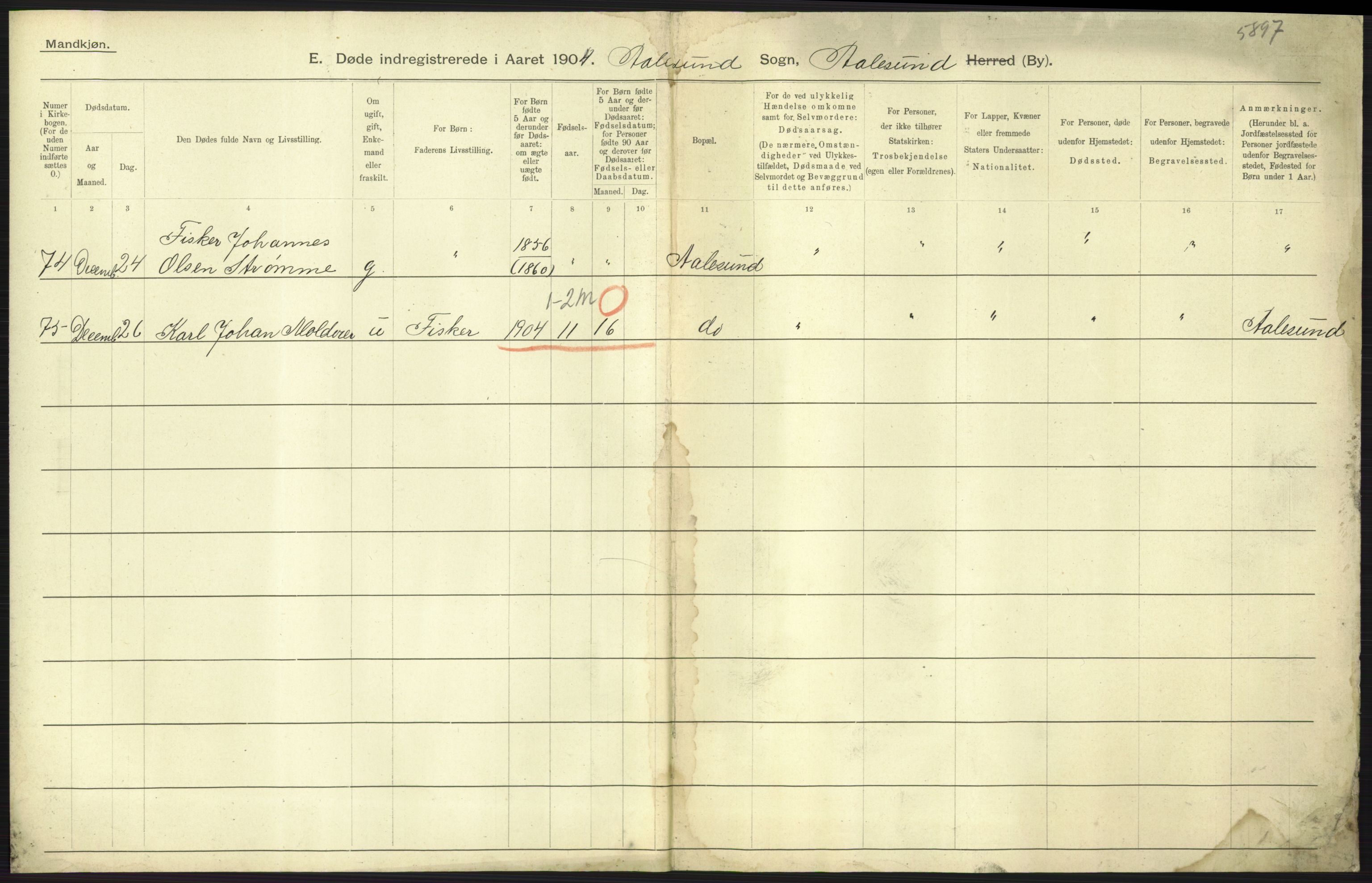 Statistisk sentralbyrå, Sosiodemografiske emner, Befolkning, AV/RA-S-2228/D/Df/Dfa/Dfab/L0016: Romsdals amt: Fødte, gifte, døde., 1904, p. 1131