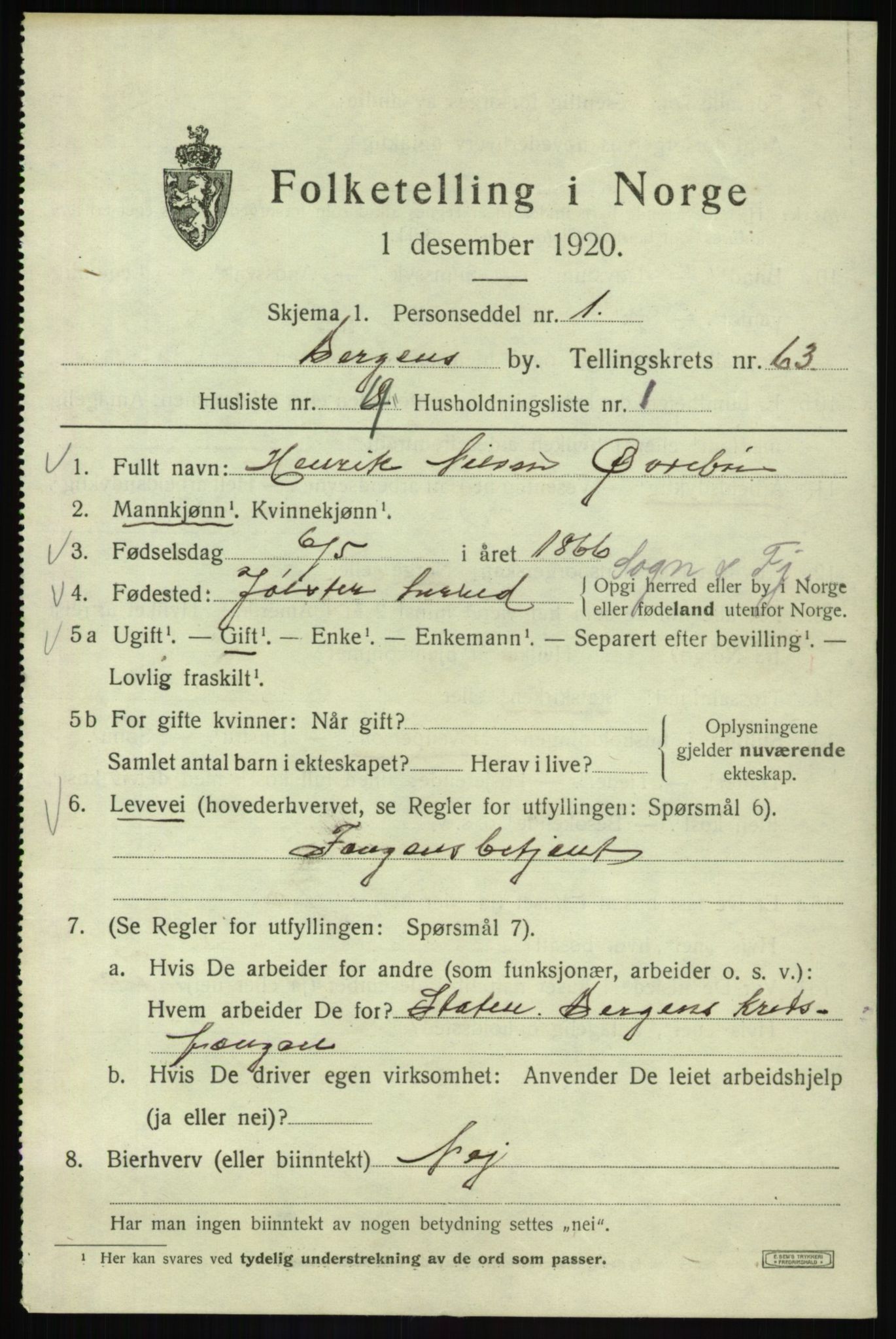 SAB, 1920 census for Bergen, 1920, p. 131601