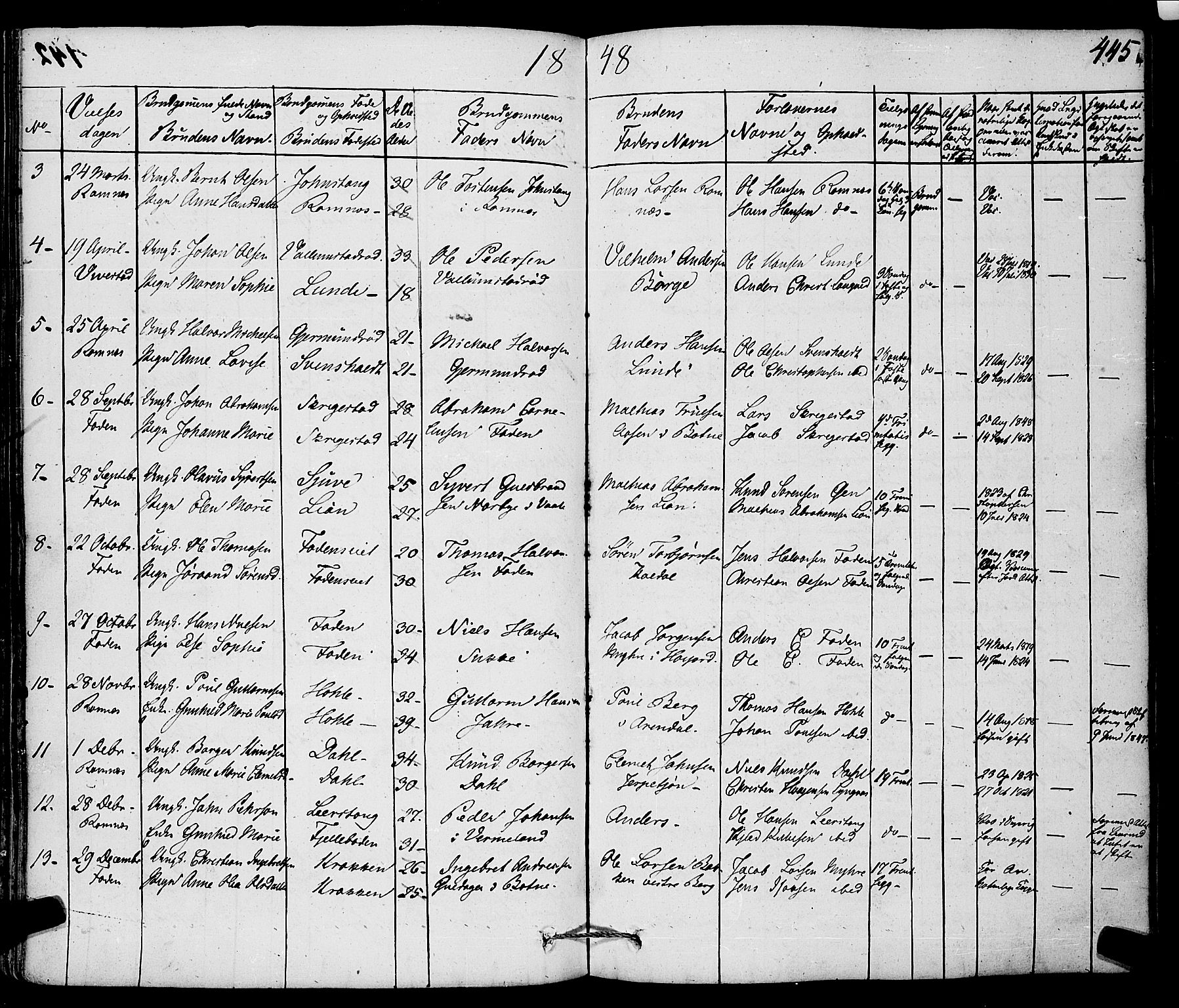 Ramnes kirkebøker, AV/SAKO-A-314/F/Fa/L0005: Parish register (official) no. I 5, 1841-1861, p. 444-445