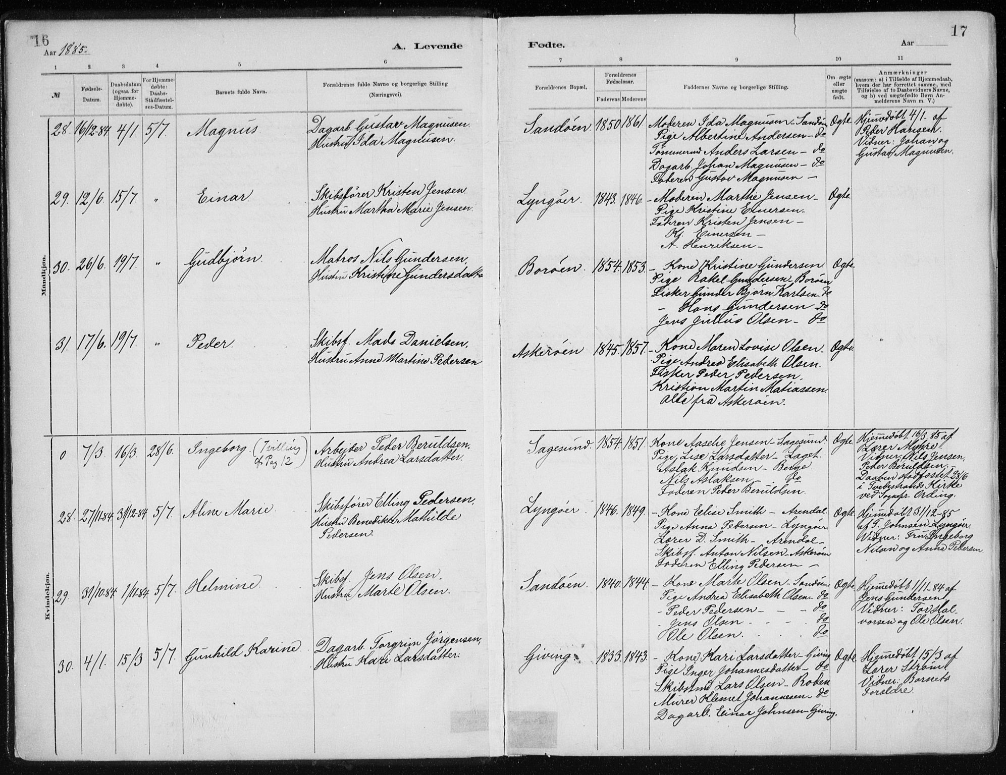Dypvåg sokneprestkontor, AV/SAK-1111-0007/F/Fa/Faa/L0008: Parish register (official) no. A 8, 1885-1906, p. 16-17
