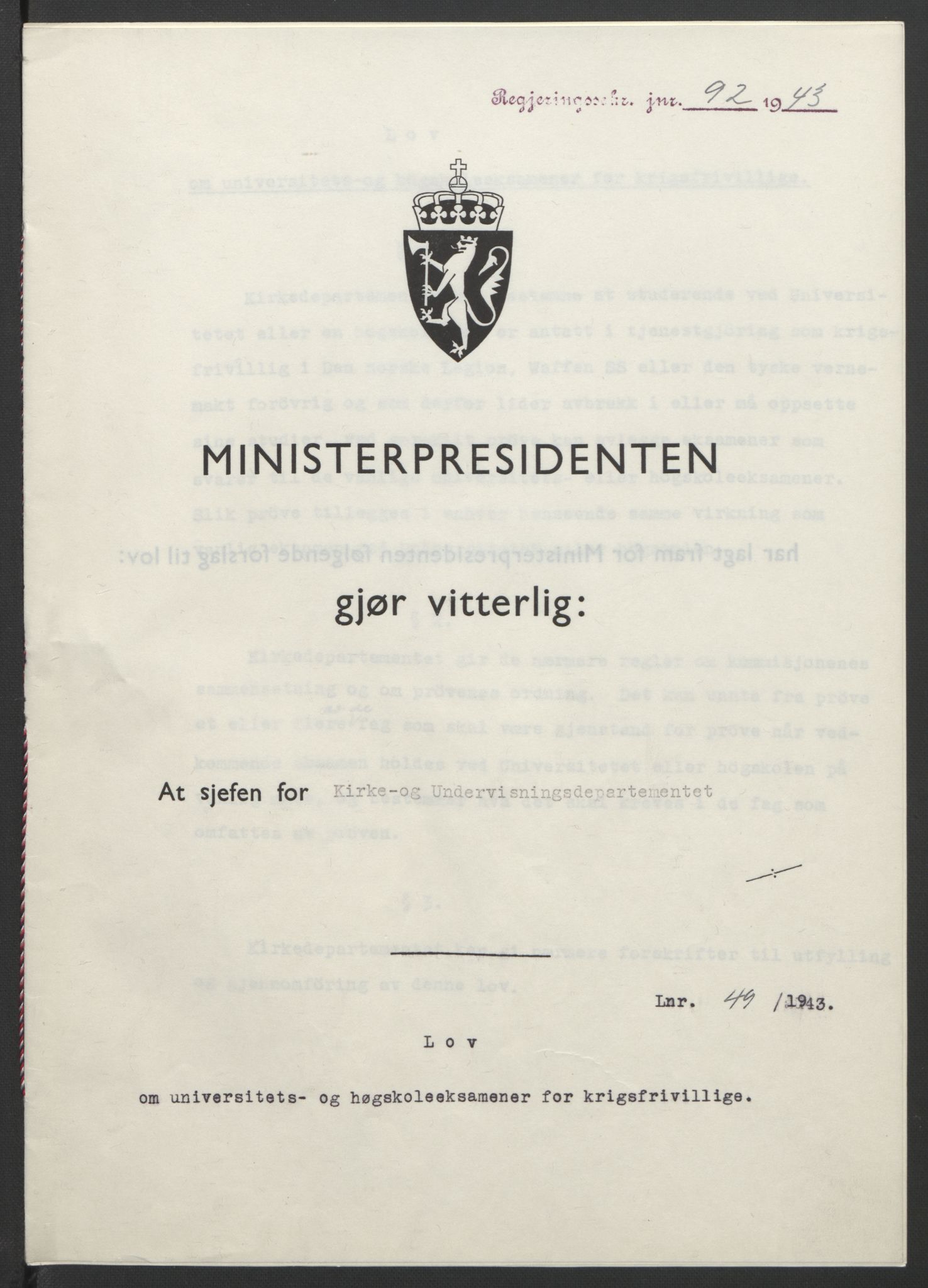 NS-administrasjonen 1940-1945 (Statsrådsekretariatet, de kommisariske statsråder mm), AV/RA-S-4279/D/Db/L0099: Lover, 1943, p. 215