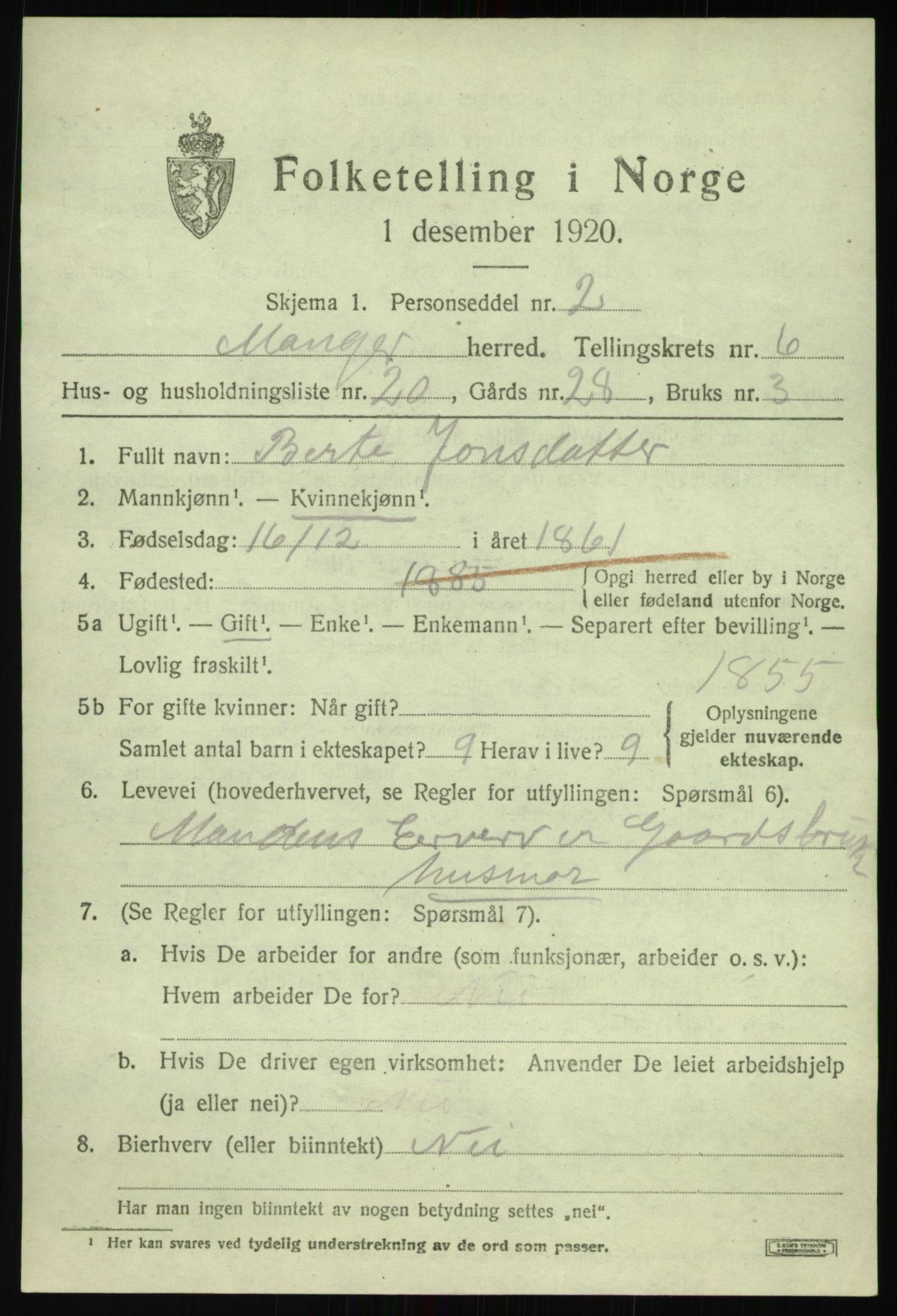 SAB, 1920 census for Manger, 1920, p. 4091