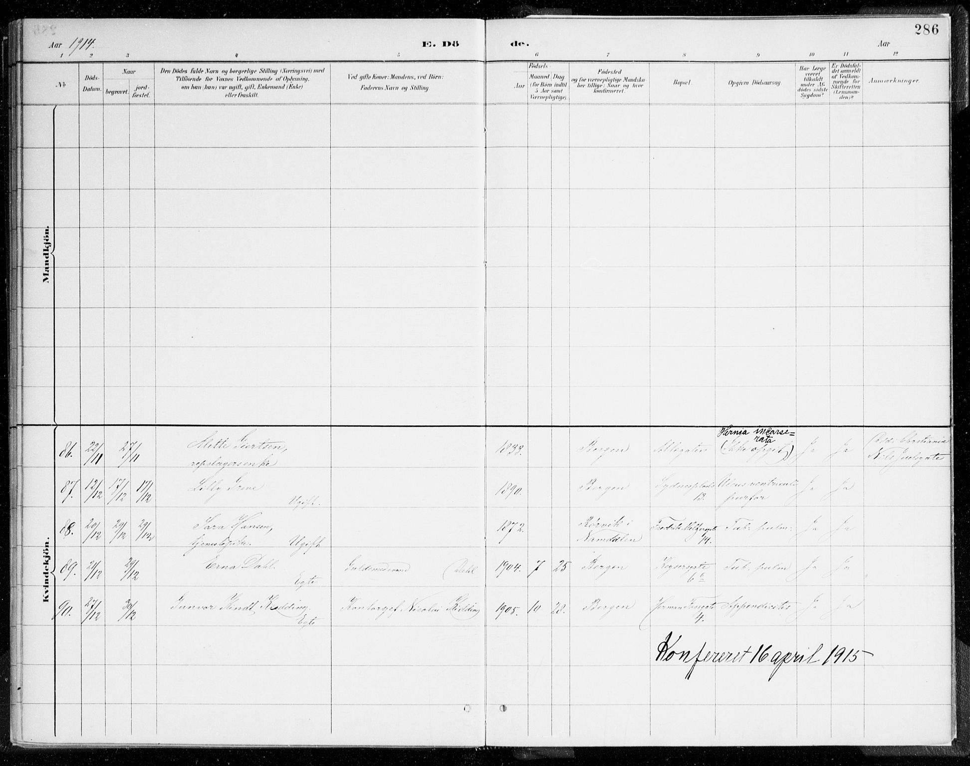 Johanneskirken sokneprestembete, AV/SAB-A-76001/H/Haa/L0019: Parish register (official) no. E 1, 1885-1915, p. 286