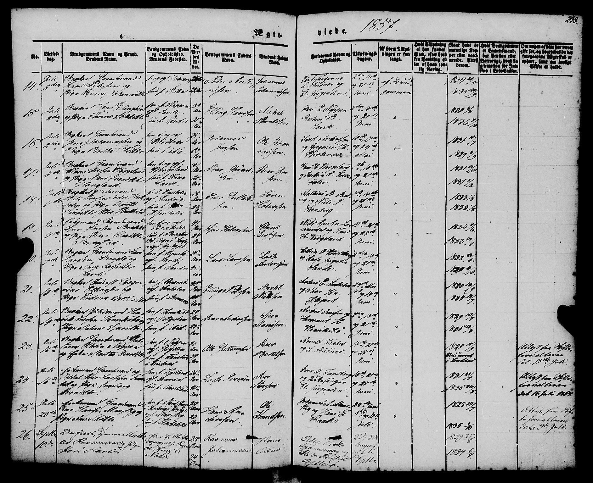 Gulen sokneprestembete, AV/SAB-A-80201/H/Haa/Haaa/L0021: Parish register (official) no. A 21, 1848-1858, p. 233