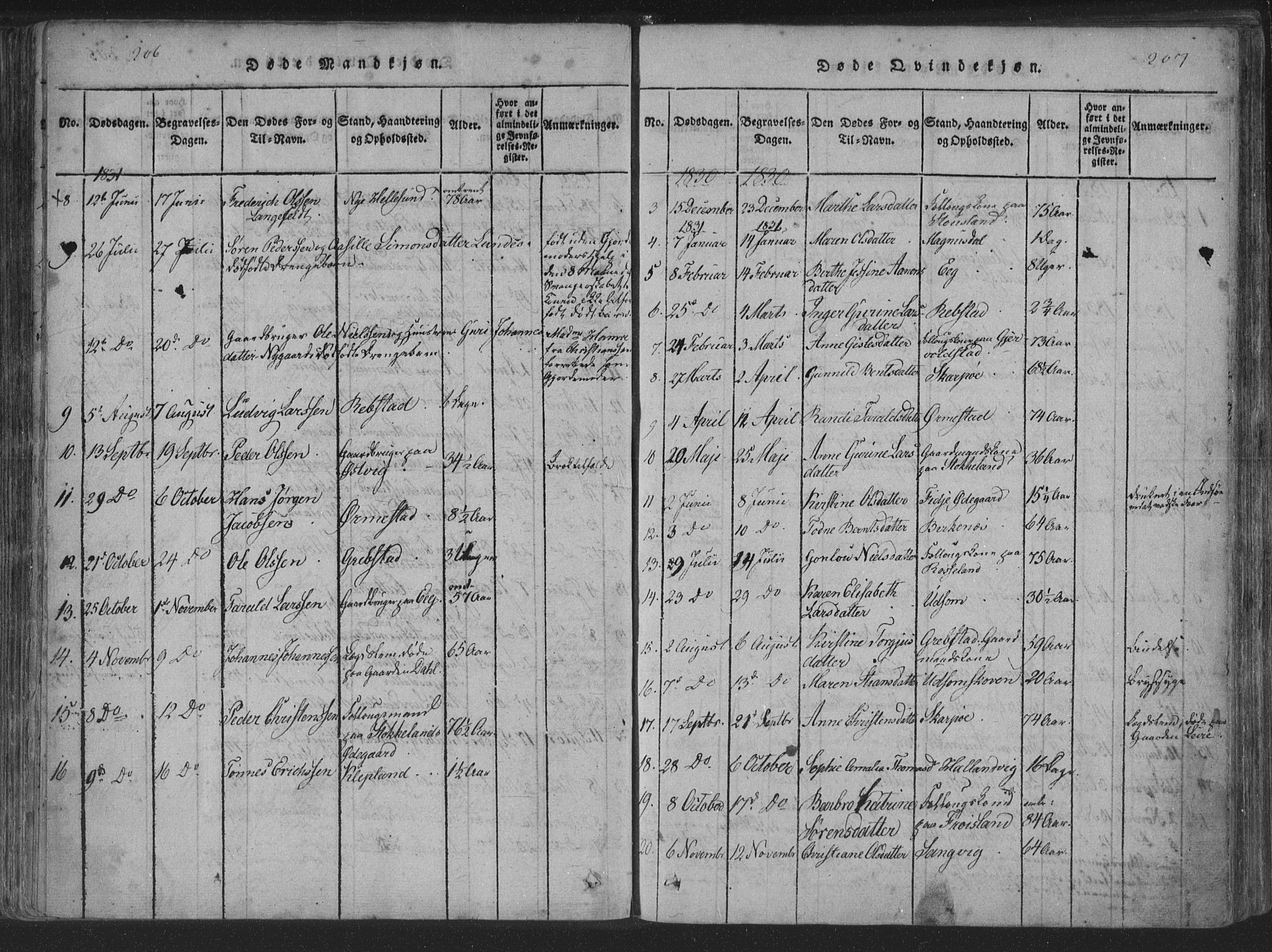 Søgne sokneprestkontor, SAK/1111-0037/F/Fa/Fab/L0008: Parish register (official) no. A 8, 1821-1838, p. 206-207