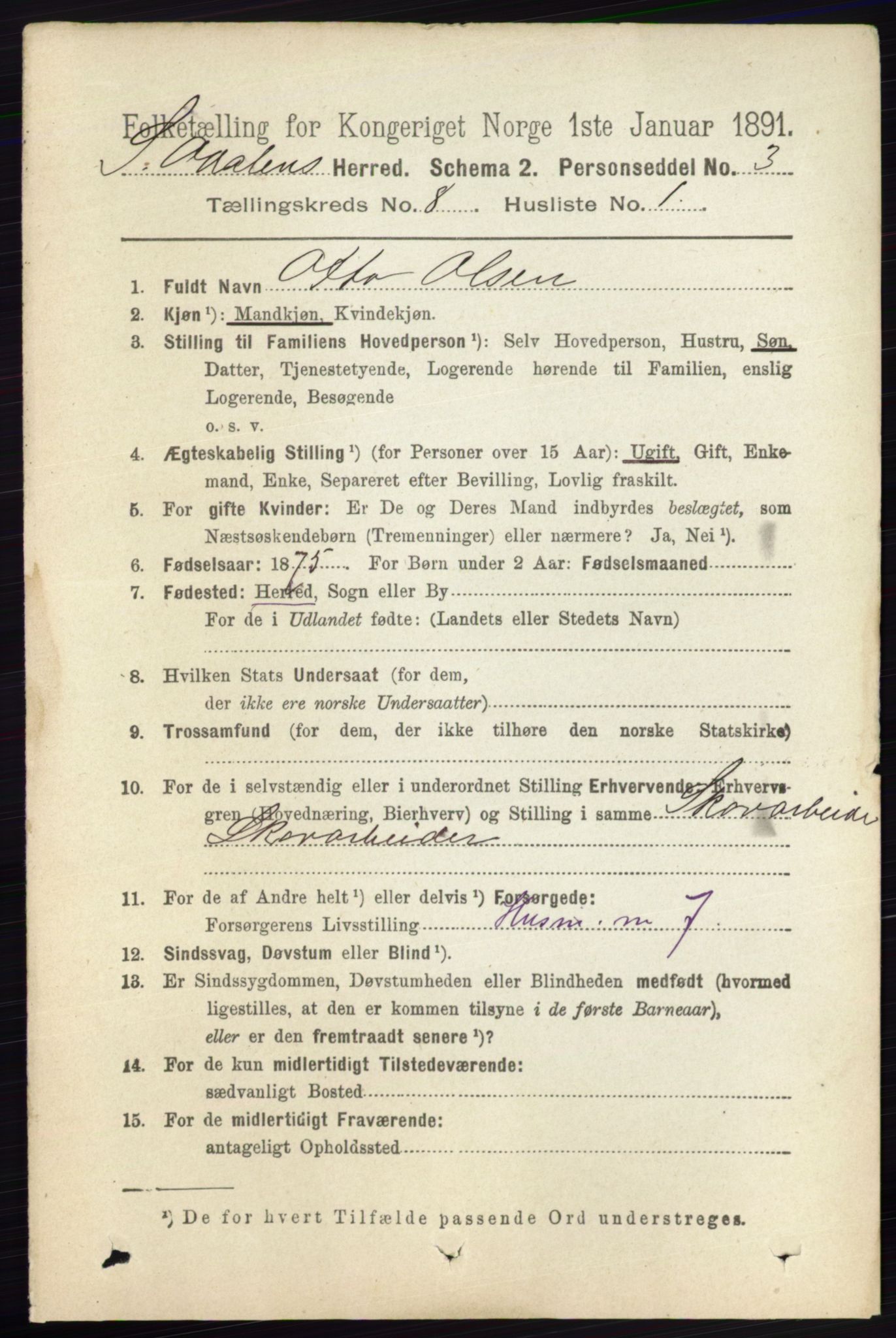 RA, 1891 census for 0419 Sør-Odal, 1891, p. 3979