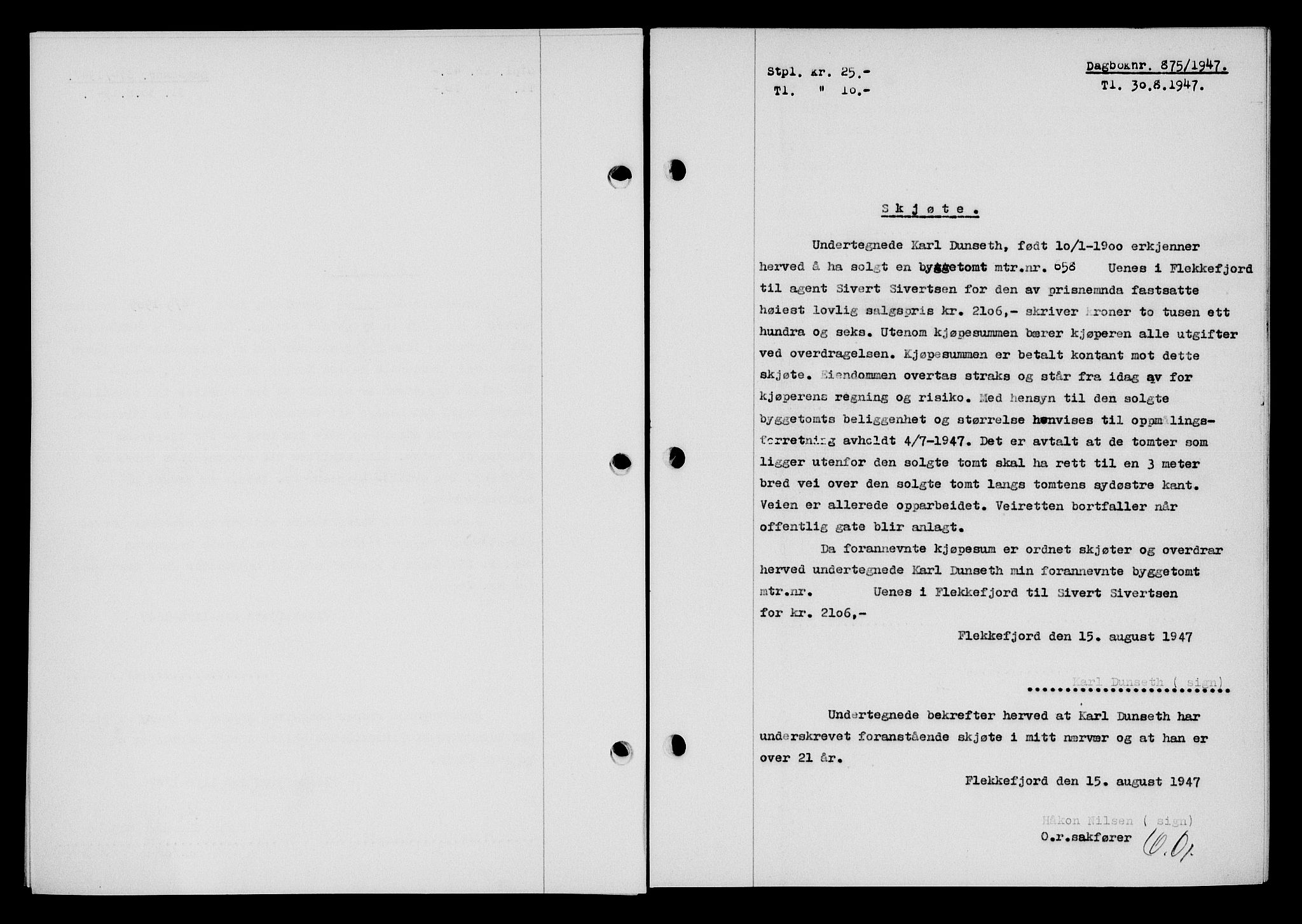 Flekkefjord sorenskriveri, SAK/1221-0001/G/Gb/Gba/L0062: Mortgage book no. A-10, 1947-1947, Diary no: : 875/1947