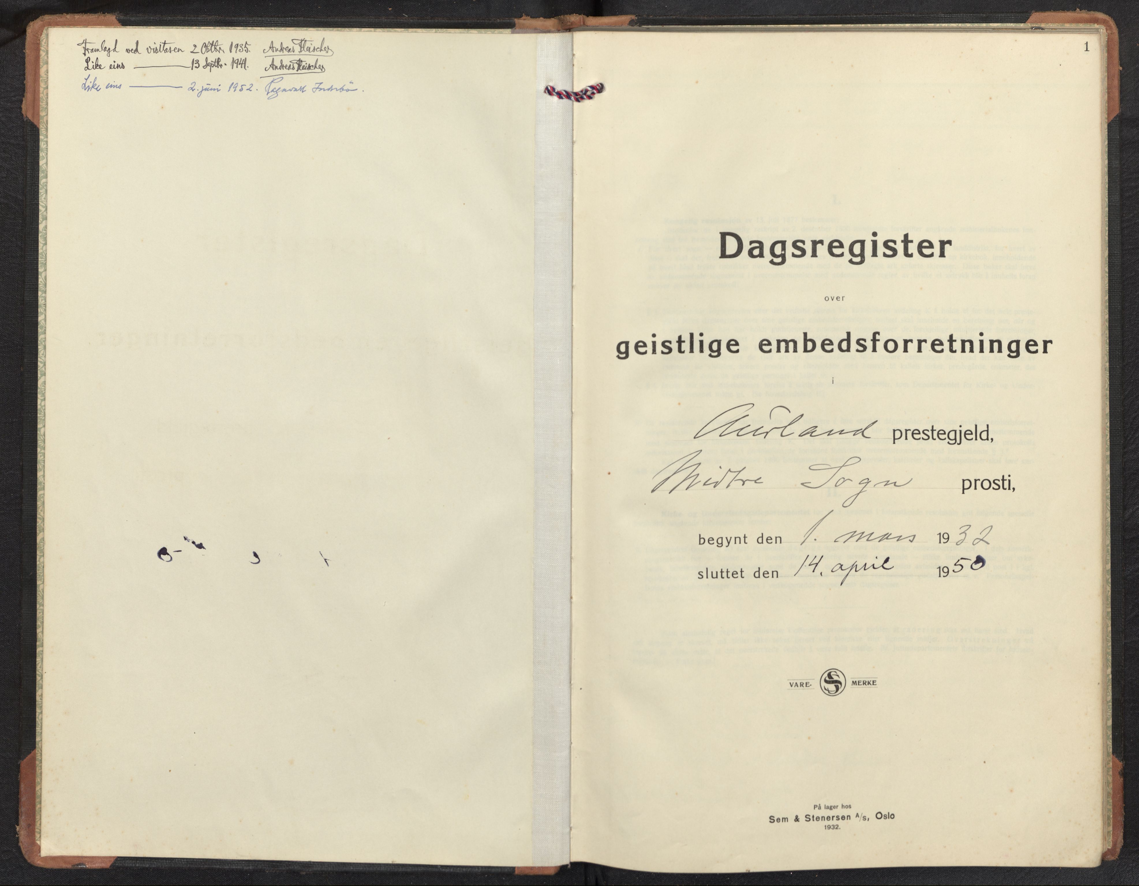 Aurland sokneprestembete, AV/SAB-A-99937/H/Ha/Haf: Diary records no. F 3, 1932-1950, p. 0b-1a
