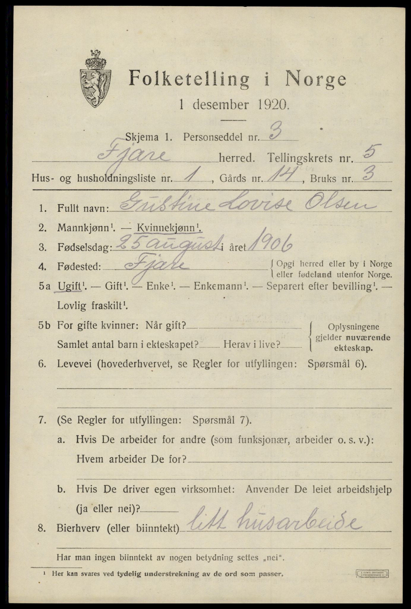 SAK, 1920 census for Fjære, 1920, p. 7439