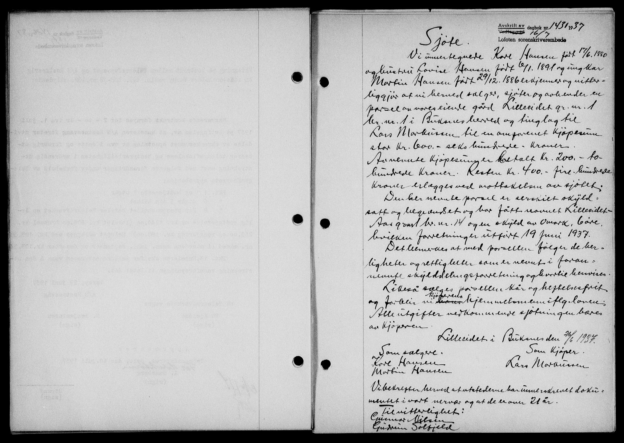 Lofoten sorenskriveri, SAT/A-0017/1/2/2C/L0002a: Mortgage book no. 2a, 1937-1937, Diary no: : 1431/1937