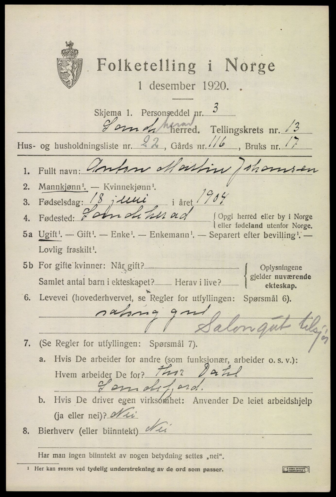 SAKO, 1920 census for Sandeherred, 1920, p. 19468