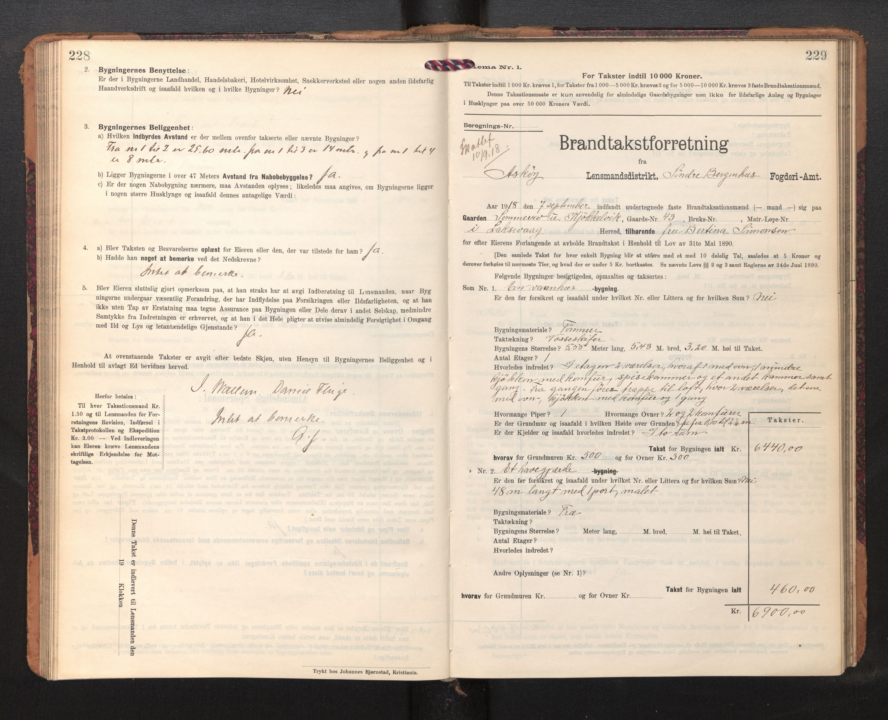 Lensmannen i Askøy, AV/SAB-A-31001/0012/L0007: Branntakstprotokoll, skjematakst, 1910-1919, p. 228-229