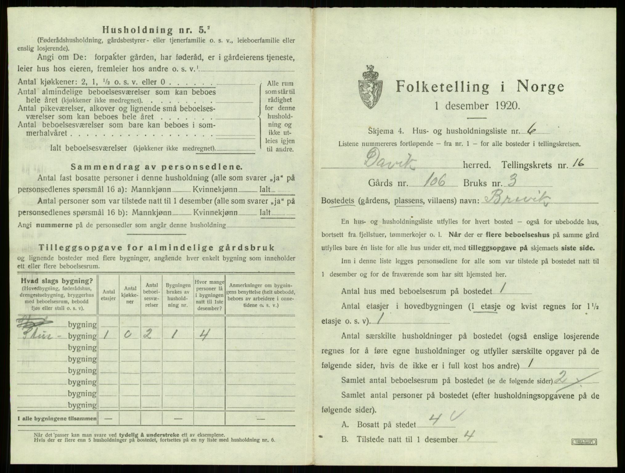 SAB, 1920 census for Davik, 1920, p. 1023