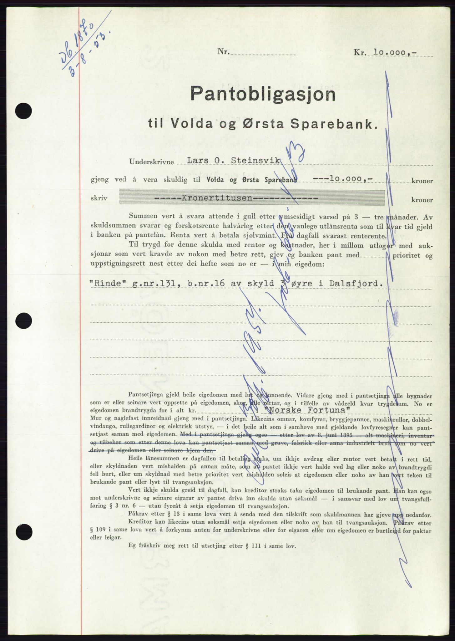 Søre Sunnmøre sorenskriveri, AV/SAT-A-4122/1/2/2C/L0123: Mortgage book no. 11B, 1953-1953, Diary no: : 1870/1953