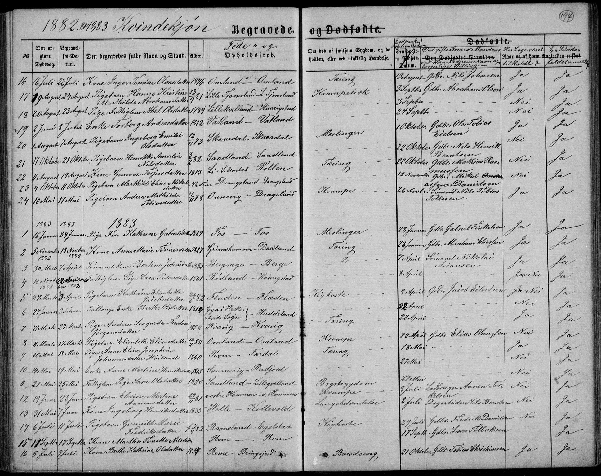 Lyngdal sokneprestkontor, AV/SAK-1111-0029/F/Fb/Fbc/L0004: Parish register (copy) no. B 4, 1878-1896, p. 194