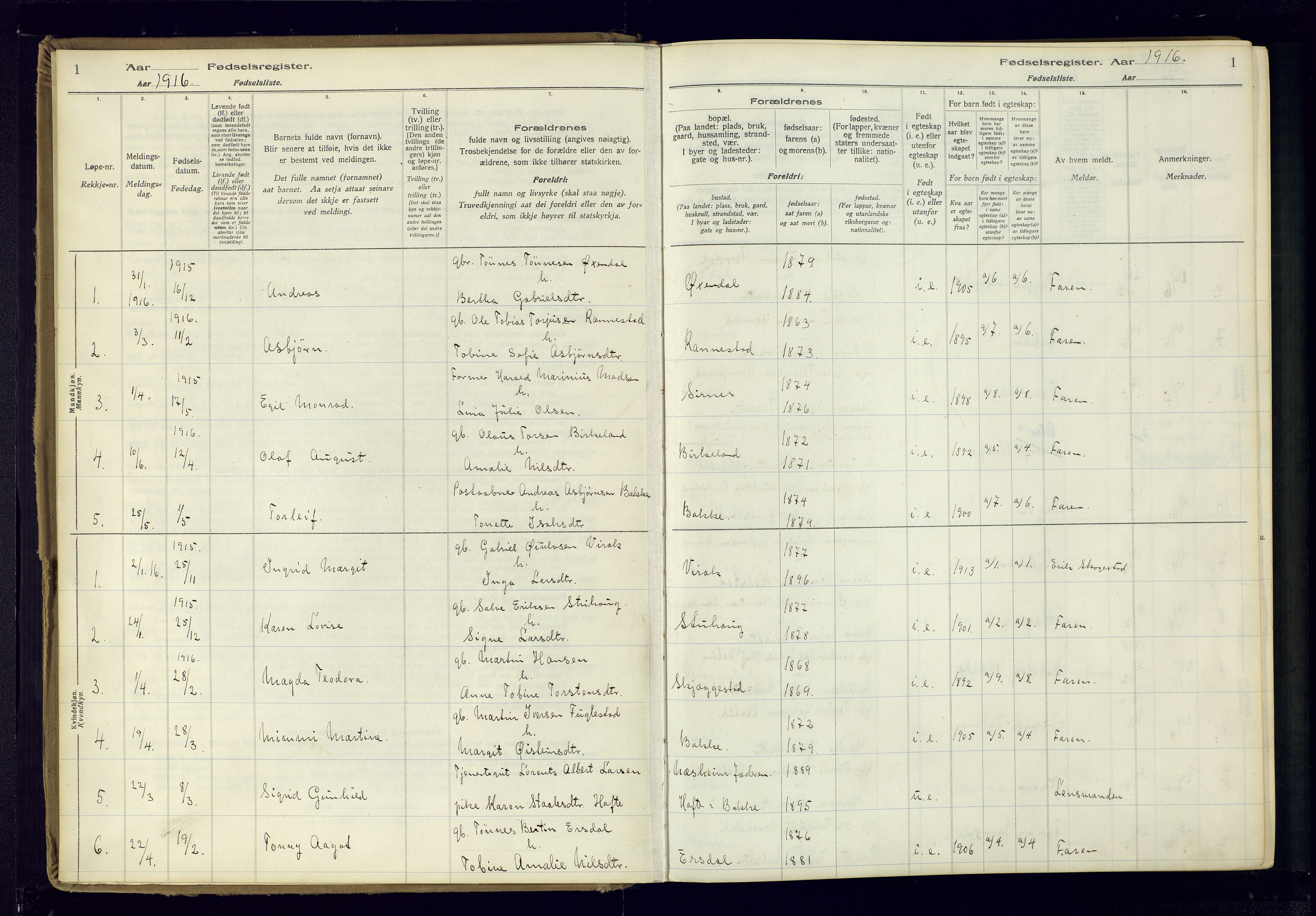 Bakke sokneprestkontor, SAK/1111-0002/J/Ja/L0001: Birth register no. A-VI-18, 1916-1982, p. 1