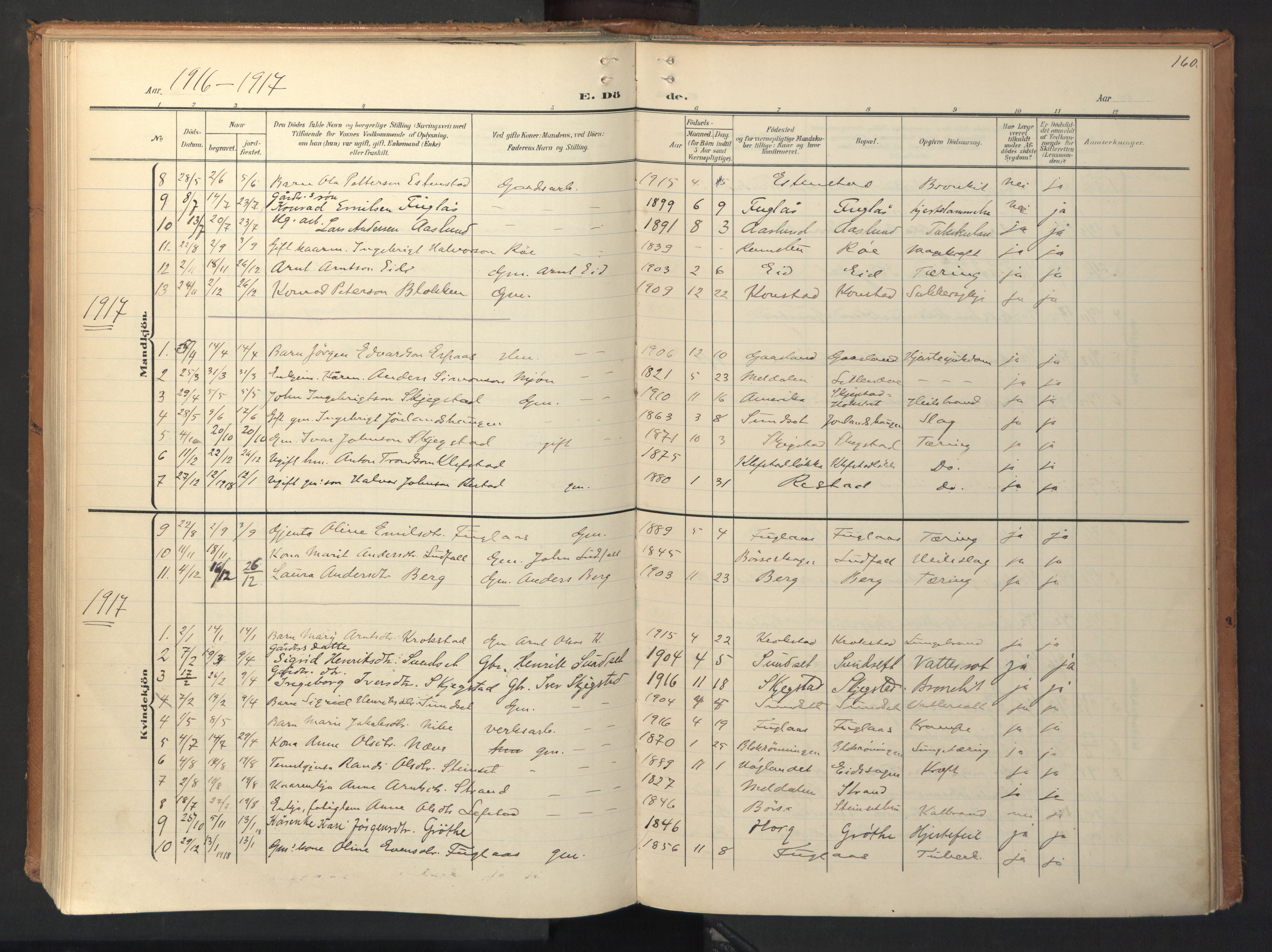 Ministerialprotokoller, klokkerbøker og fødselsregistre - Sør-Trøndelag, SAT/A-1456/694/L1128: Parish register (official) no. 694A02, 1906-1931, p. 160