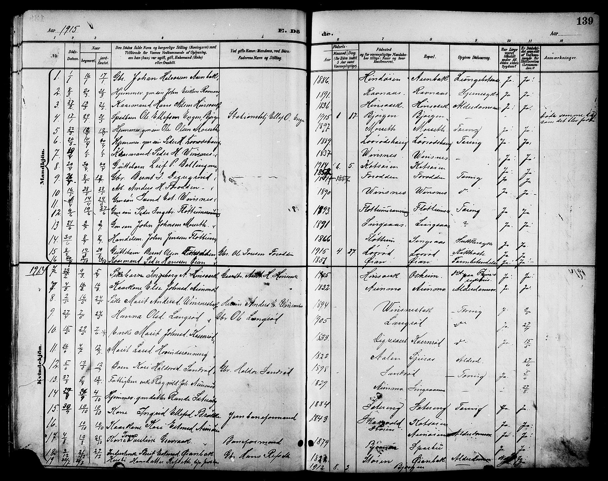 Ministerialprotokoller, klokkerbøker og fødselsregistre - Sør-Trøndelag, SAT/A-1456/688/L1029: Parish register (copy) no. 688C04, 1899-1915, p. 139