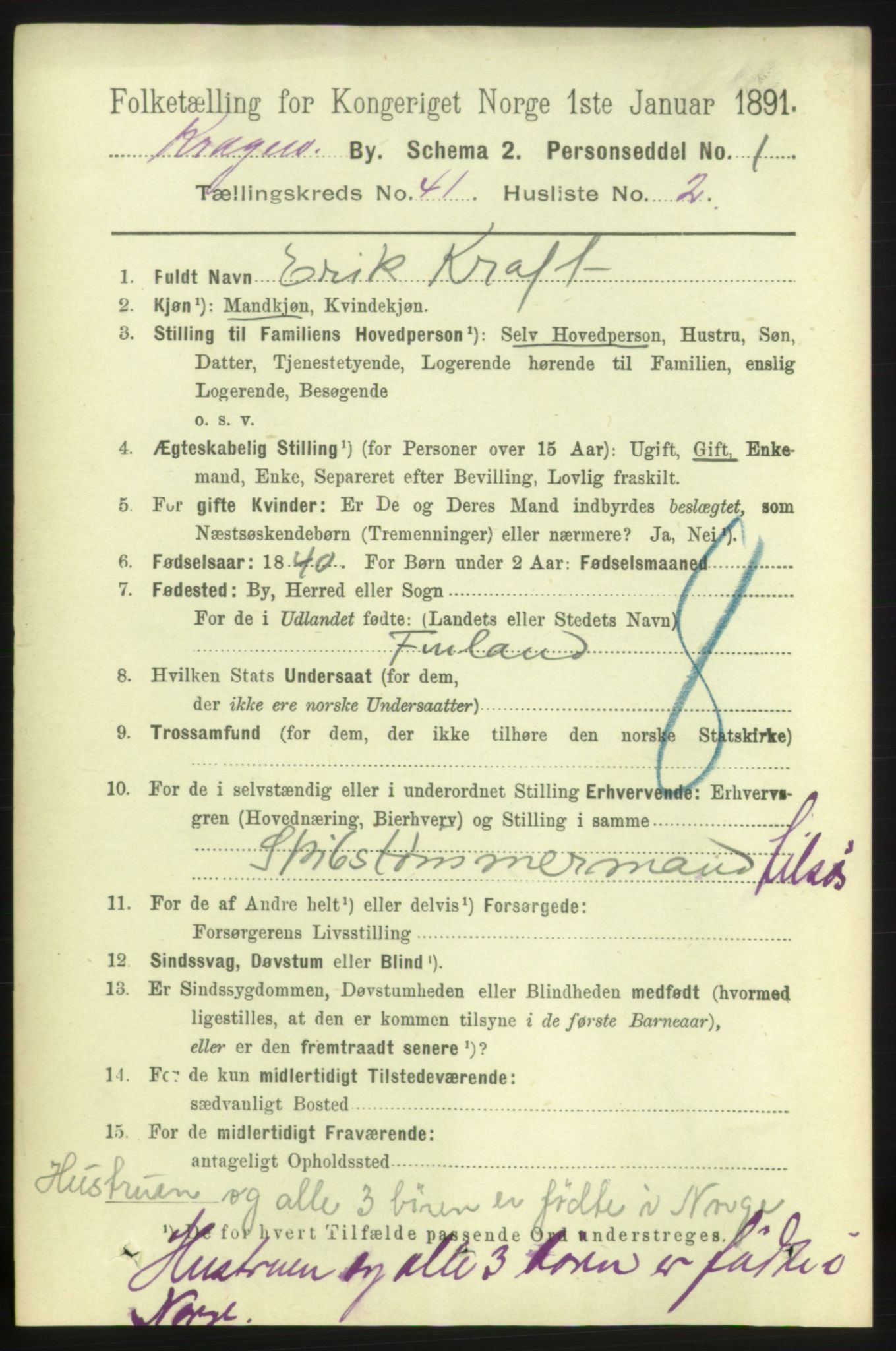 RA, 1891 census for 0801 Kragerø, 1891, p. 7514