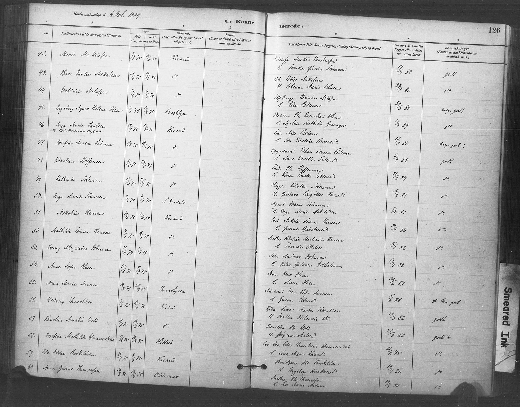 Kristiansand domprosti, SAK/1112-0006/F/Fa/L0018: Parish register (official) no. A 17, 1880-1892, p. 126