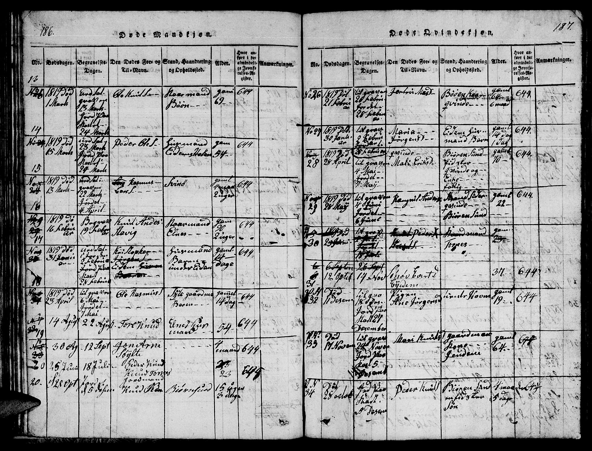 Ministerialprotokoller, klokkerbøker og fødselsregistre - Møre og Romsdal, AV/SAT-A-1454/565/L0752: Parish register (copy) no. 565C01, 1817-1844, p. 186-187