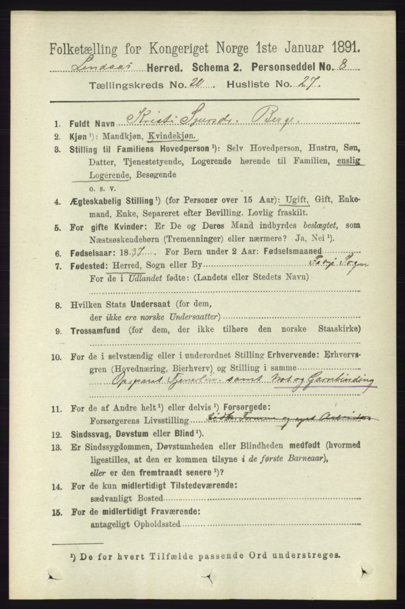 RA, 1891 census for 1263 Lindås, 1891, p. 7523