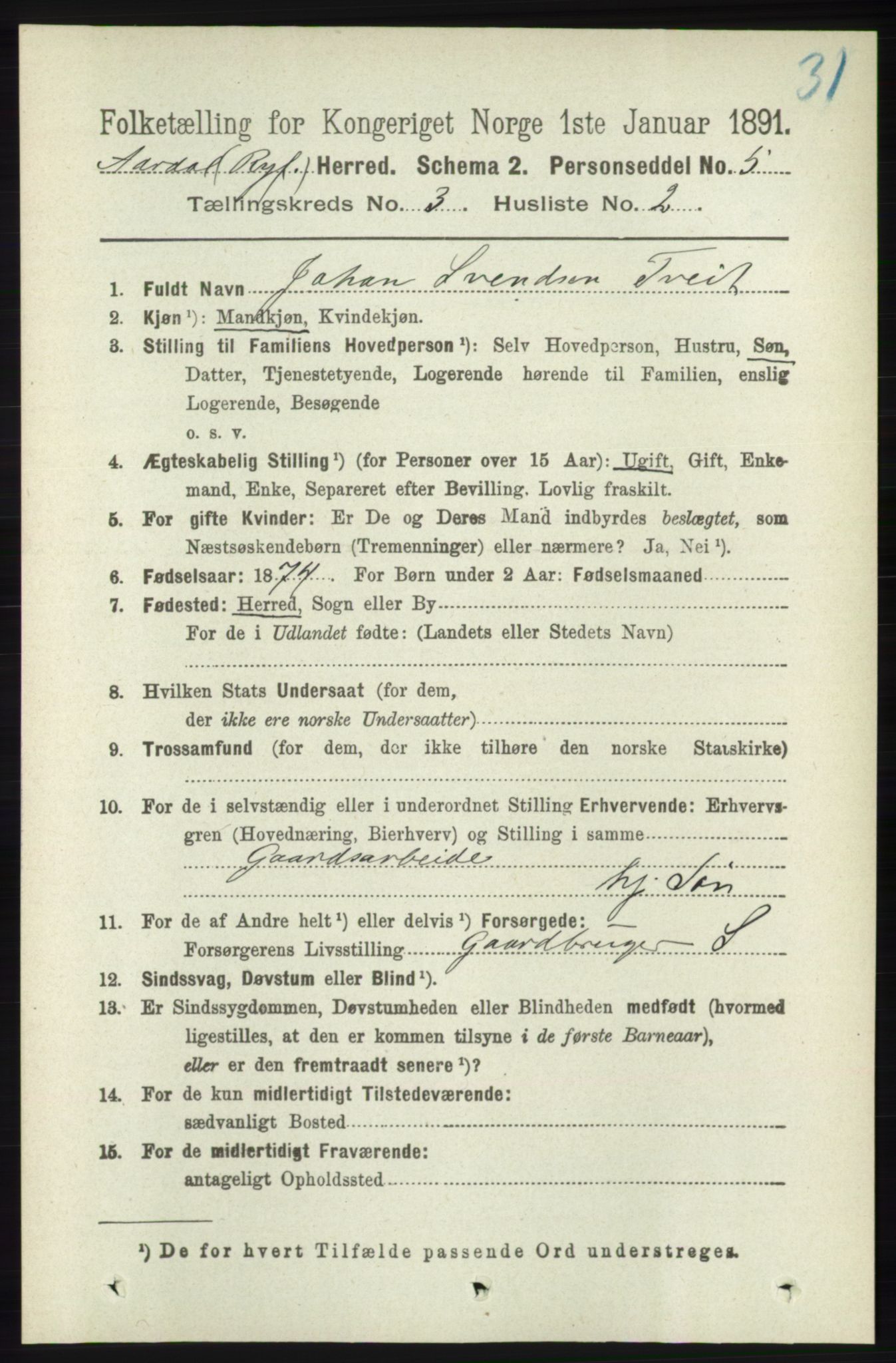 RA, 1891 census for 1131 Årdal, 1891, p. 834