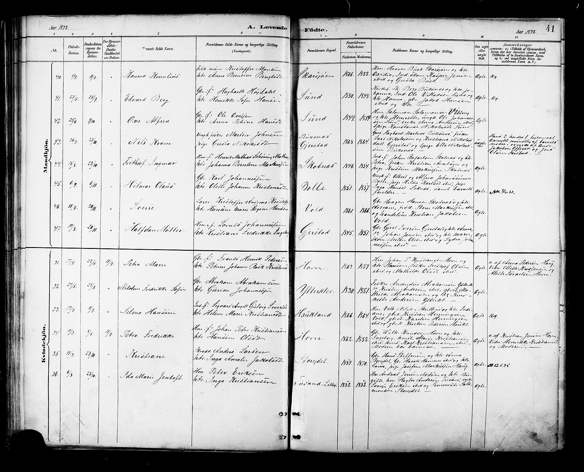 Ministerialprotokoller, klokkerbøker og fødselsregistre - Nordland, AV/SAT-A-1459/881/L1167: Parish register (copy) no. 881C04, 1886-1899, p. 41